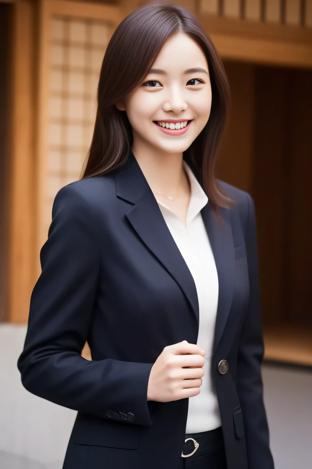 Face is an actress、Please wear a jacket suit、hiquality、A hyper-realistic、healthy、Smiling expression、Slender perfect figure、Japanese beauty ace perfect、Beautiful skin、background is kyoto