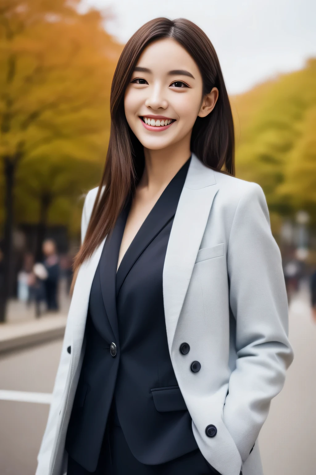 Face is an actress、Please wear a jacket suit、hiquality、A hyper-realistic、healthy、Smiling expression、Slender perfect figure、Japanese beauty ace perfect、Beautiful skin、background is kyoto