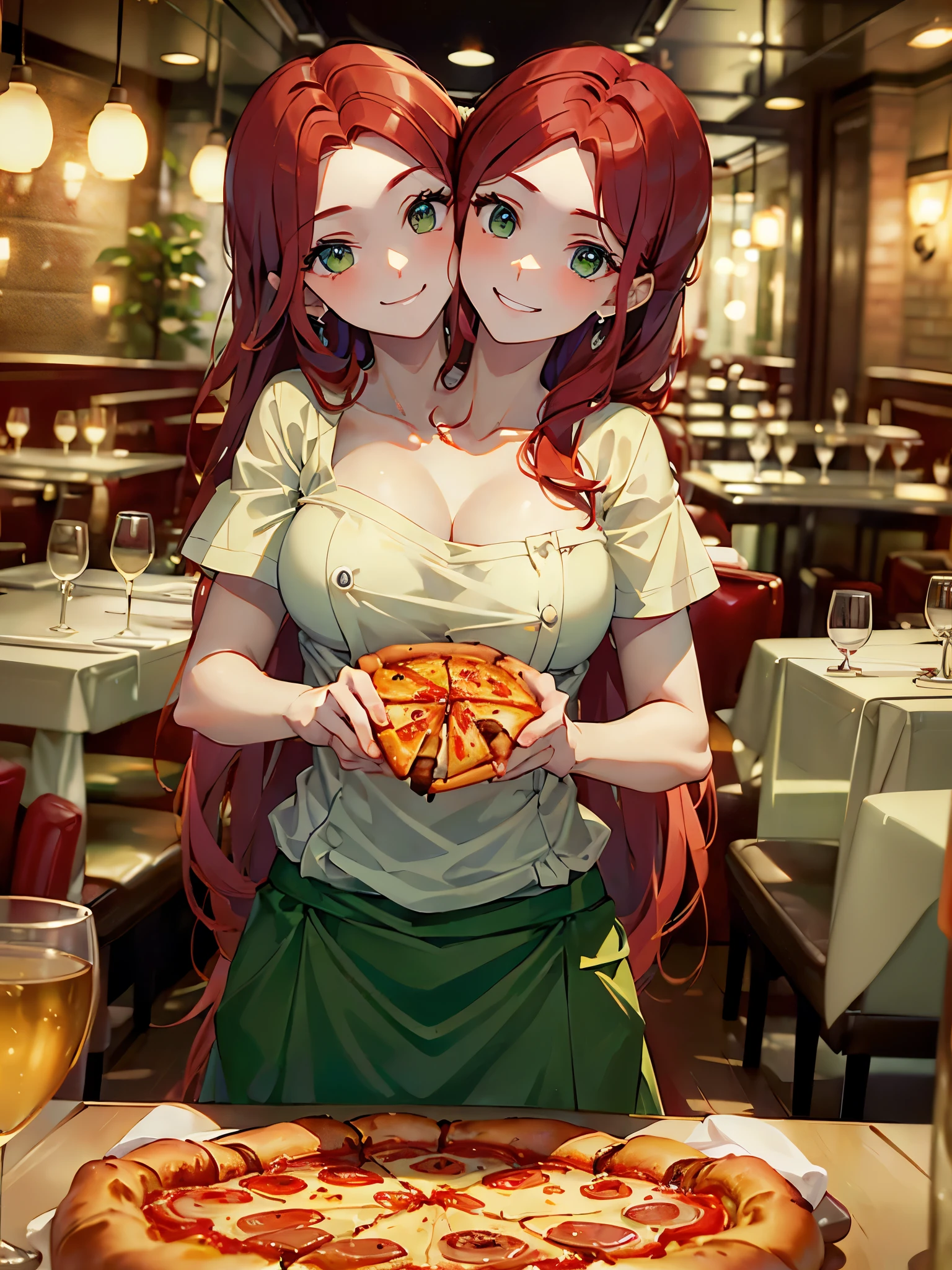 (masterpiece, best quality), best resolution, (2heads:1.5), 1girl, red hair, green eyes, pizza chef, chef's shirt, smiling, serving a pizza inside a restaurant