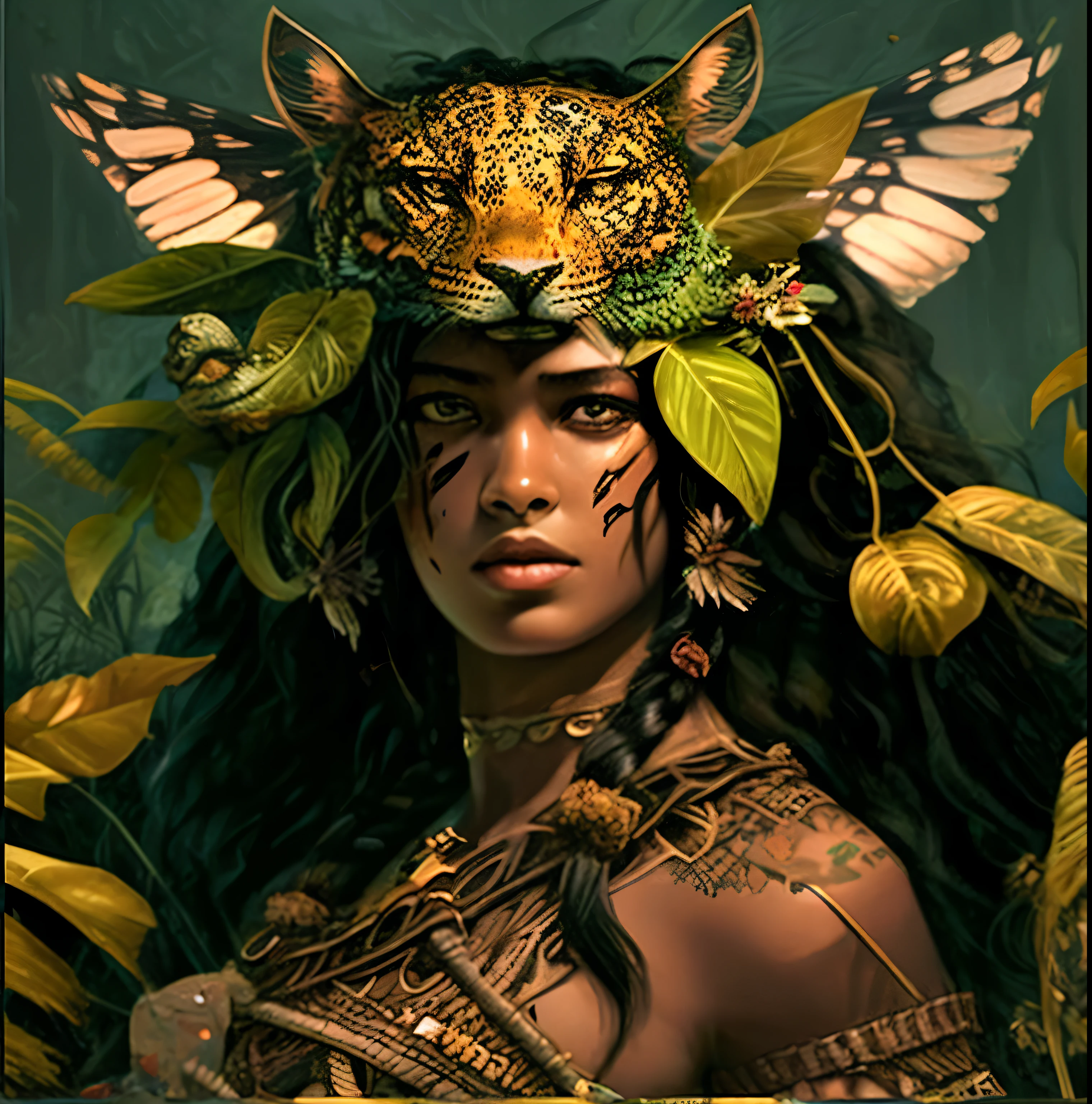 un primer plano de una mujer con un tocado de leopardo y una mariposa en la cabeza, Retrato de la princesa azteca, Amazonian, Reina del Amazonas, Piel oscura diosa femenina del amor, Reina de la Selva, Diosa del Bosque, Sacerdotisa Maya, Reina azteca, epic 3 d oshun, Diosa guerrera azteca, Reina del Bosque, Guerrero Amazonas, fantasy portrait art