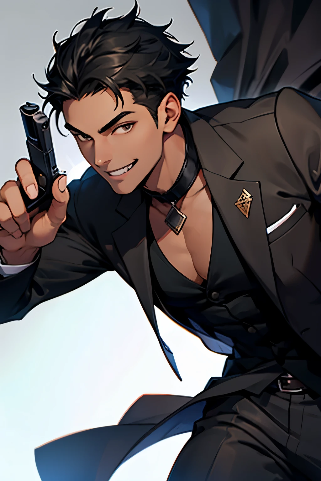 Black young man, black hair, medium hair, Tall, black suit, Brown eyes, fang, smile, gun, beautiful