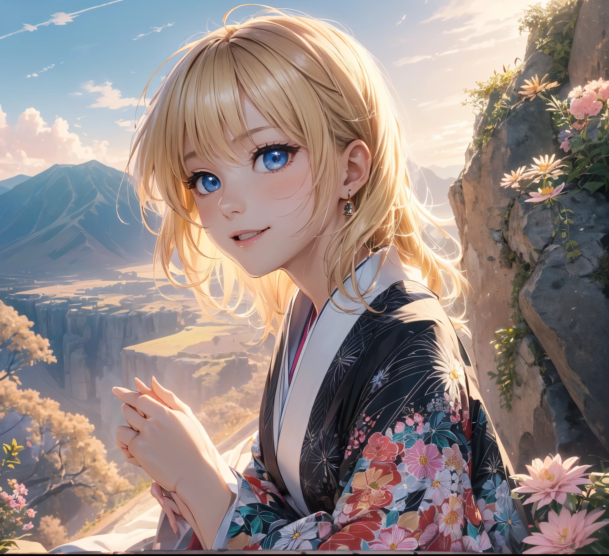 Melody Mark,of the highest quality, Best Masterpiece, ultra-detailliert, (from side:1.3),(look far away:1.3),on a steep cliff,(sit on the cliff:1.3),(Legs hanging neatly from the cliff:1.3),vast canyon,abyss,(1 fox girl),(A wistful smile: 1.3), red blush, (blonde short low tail: 1.4), Shiny hair,  (Deep Blue Eyes:1.4), Small earrings, Small necklace,(Jet black and floral patterned Japanese clothes:1.4),Sunset light,light reflections,云,Kemomimi