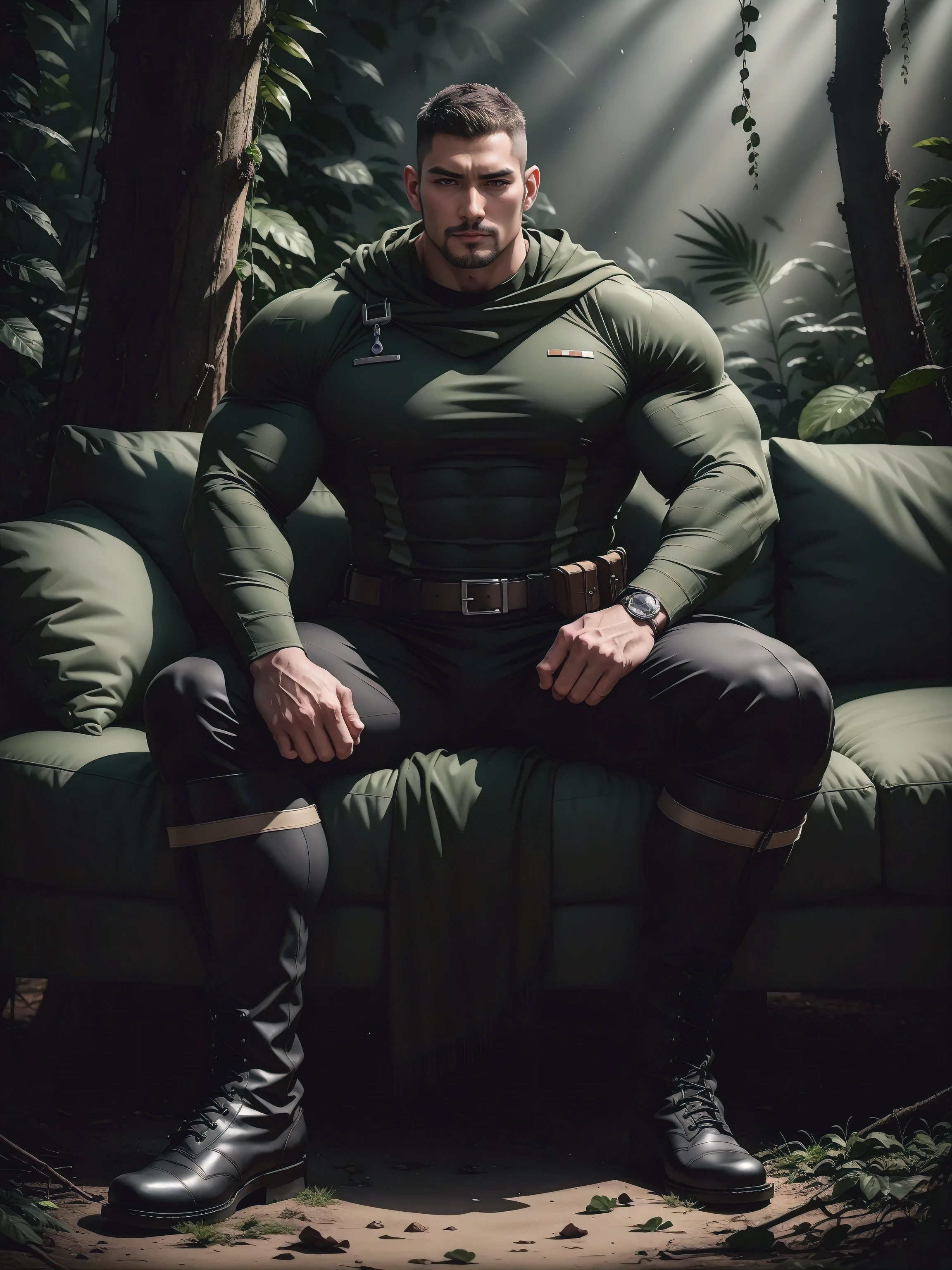 Tall giant muscular man sitting in the forest，Dark gray camouflage military uniform，character  design（Resident Evil - Chris Redfield，Chris Redfield）His hairstyle is a crew cut，身穿Dark gray camouflage military uniform，Matte texture，Soft and comfortable sofa，Sitting in the eerie sugar cane jungle, The body is wrapped in thick rattan，expression sad，Deep and charming eyes，The hero with emerald pupils，heroic masculine pose，Tall and burly，musculous！Charming leg muscles，tall, Burly, and strong， 身穿Dark gray camouflage military uniform， Super gain and cool， commission for high resolution， Big feet in black boots，Charming strong man，Bright sunlight shines on the body，Matte particles with shiny texture