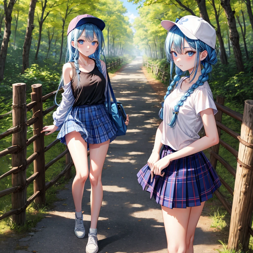 Blue hair、blue eyess、Braids、one good looking girl、独奏、animesque、Plaid miniskirt、Black T-shirt、camisole、the woods、Sunlight、Wearing a plaid baseball cap、bare-legged、Tilting your face、Walking、Crossing a log bridge while keeping balance、Doing the ribbon、have a twig,
