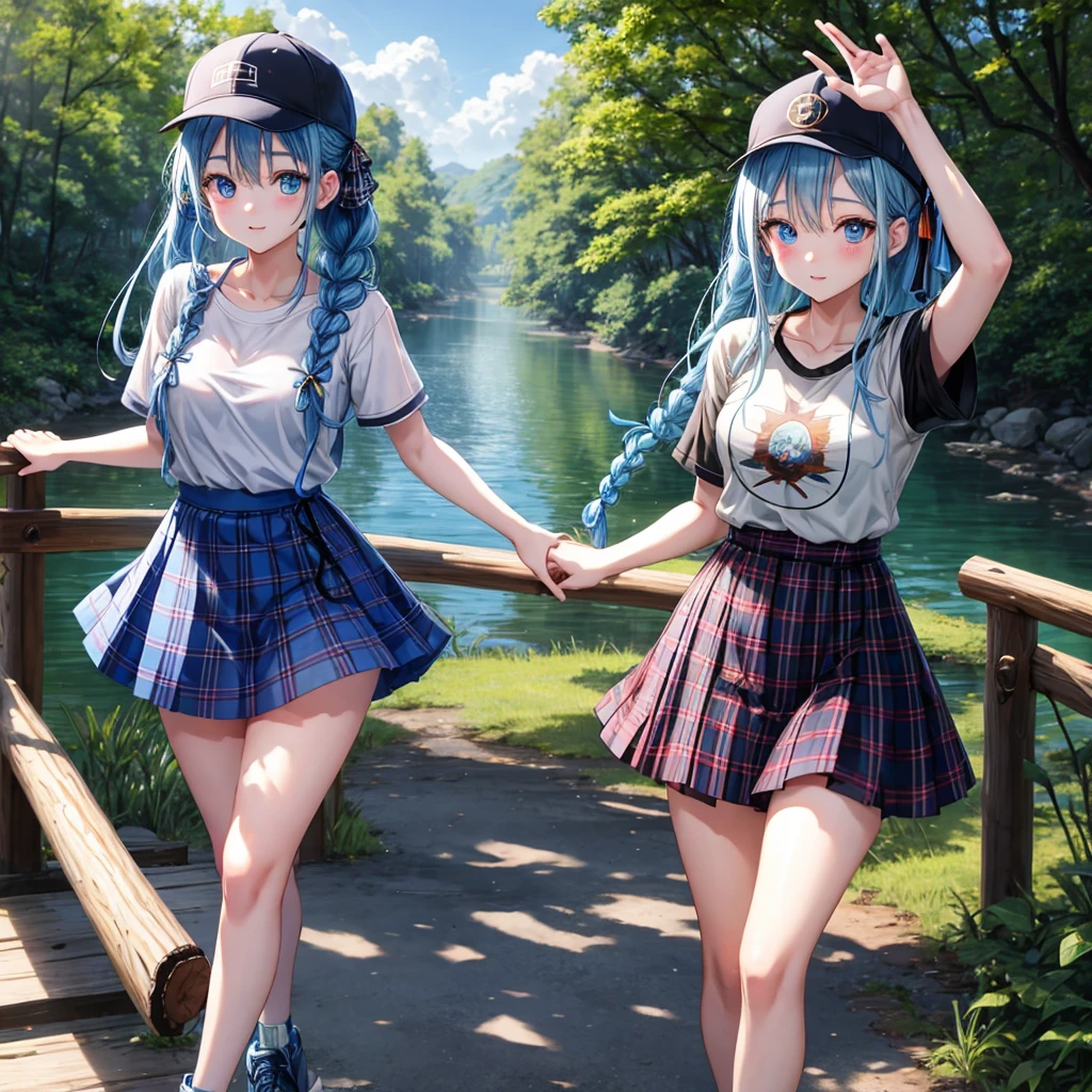 Blue hair、blue eyess、Braids、one good looking girl、独奏、animesque、Plaid miniskirt、Black T-shirt、camisole、the woods、Sunlight、Wearing a plaid baseball cap、bare-legged、Tilting your face、Walking、Crossing a log bridge while keeping balance、Doing the ribbon、have a twig,