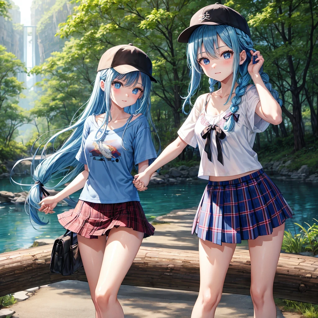Blue hair、blue eyess、Braids、one good looking girl、独奏、animesque、Plaid miniskirt、Black T-shirt、camisole、the woods、Sunlight、Wearing a plaid baseball cap、bare-legged、Tilting your face、Walking、Crossing a log bridge while keeping balance、Doing the ribbon、have a twig、Holding hands
