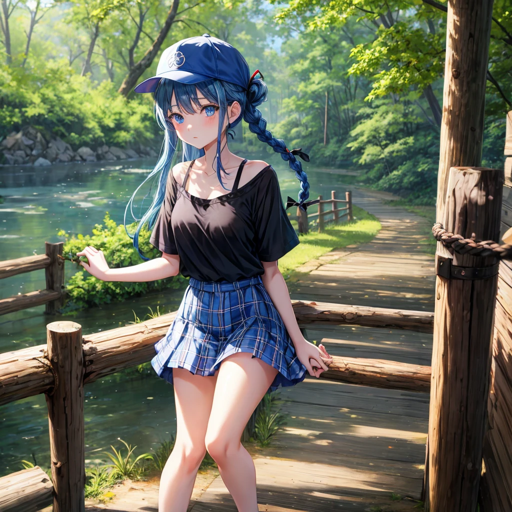 Blue hair、blue eyess、Braids、one good looking girl、独奏、animesque、Plaid miniskirt、Black T-shirt、camisole、the woods、Sunlight、Wearing a plaid baseball cap、bare-legged、Tilting your face、Walking、Crossing a log bridge while keeping balance、Doing the ribbon、have a twig、Holding hands