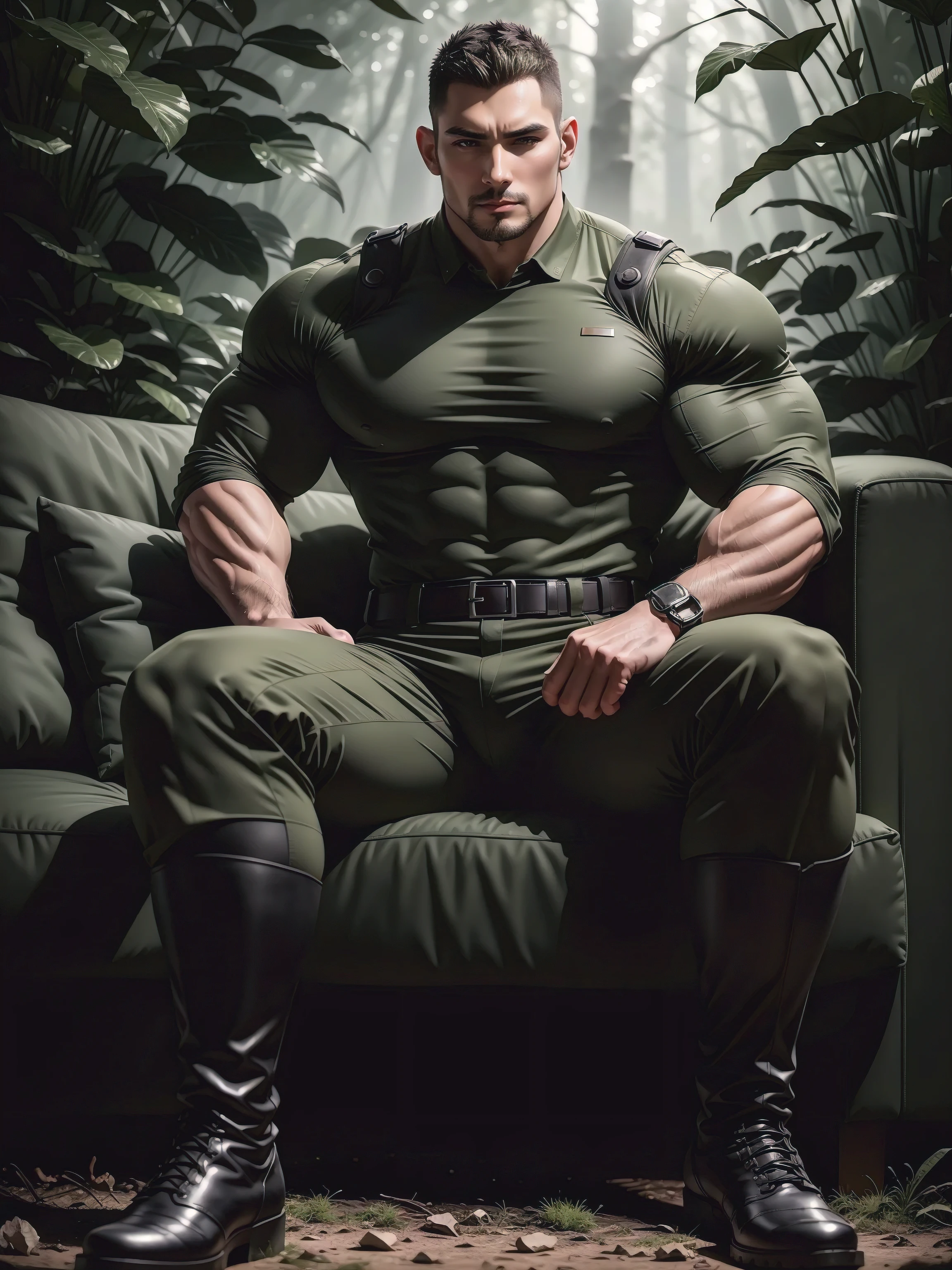 Tall giant muscular man sitting in the forest，Dark gray camouflage military uniform，character  design（Resident Evil - Chris Redfield，Chris Redfield）His hairstyle is a crew cut，身穿Dark gray camouflage military uniform，Matte texture，Soft and comfortable sofa，Sitting in the eerie sugar cane jungle, The body is wrapped in thick rattan，expression sad，Deep and charming eyes，The hero with emerald pupils，heroic masculine pose，Tall and burly，musculous！Charming leg muscles，tall, Burly, and strong， 身穿Dark gray camouflage military uniform， Super gain and cool， commission for high resolution， Big feet in black boots，Charming strong man，Bright sunlight shines on the body，Matte particles with shiny texture