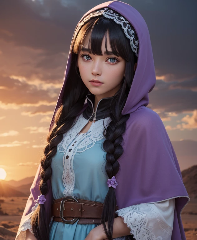 medusalily, medusa lily, medusa \(faong hair, (purple eyes:1.1), purple hair, sidelocks, braid, braided ponytail, BREAK braid, hood, collar, single braid, capelet, hood down, cloak, black capelet, tiara, (parted bangs:1.5), BREAK outdoors, desert, oasis, sun, clouds, BREAK looking at viewer, (cowboy shot:1.5), BREAK (masterpiece:1.2), best quality, high resolution, unity 8k wallpaper, (illustration:0.8), (beautiful detailed eyes:1.6), extremely detailed face, perfect lighting, extremely detailed CG, (perfect hands, perfect anatomy),
