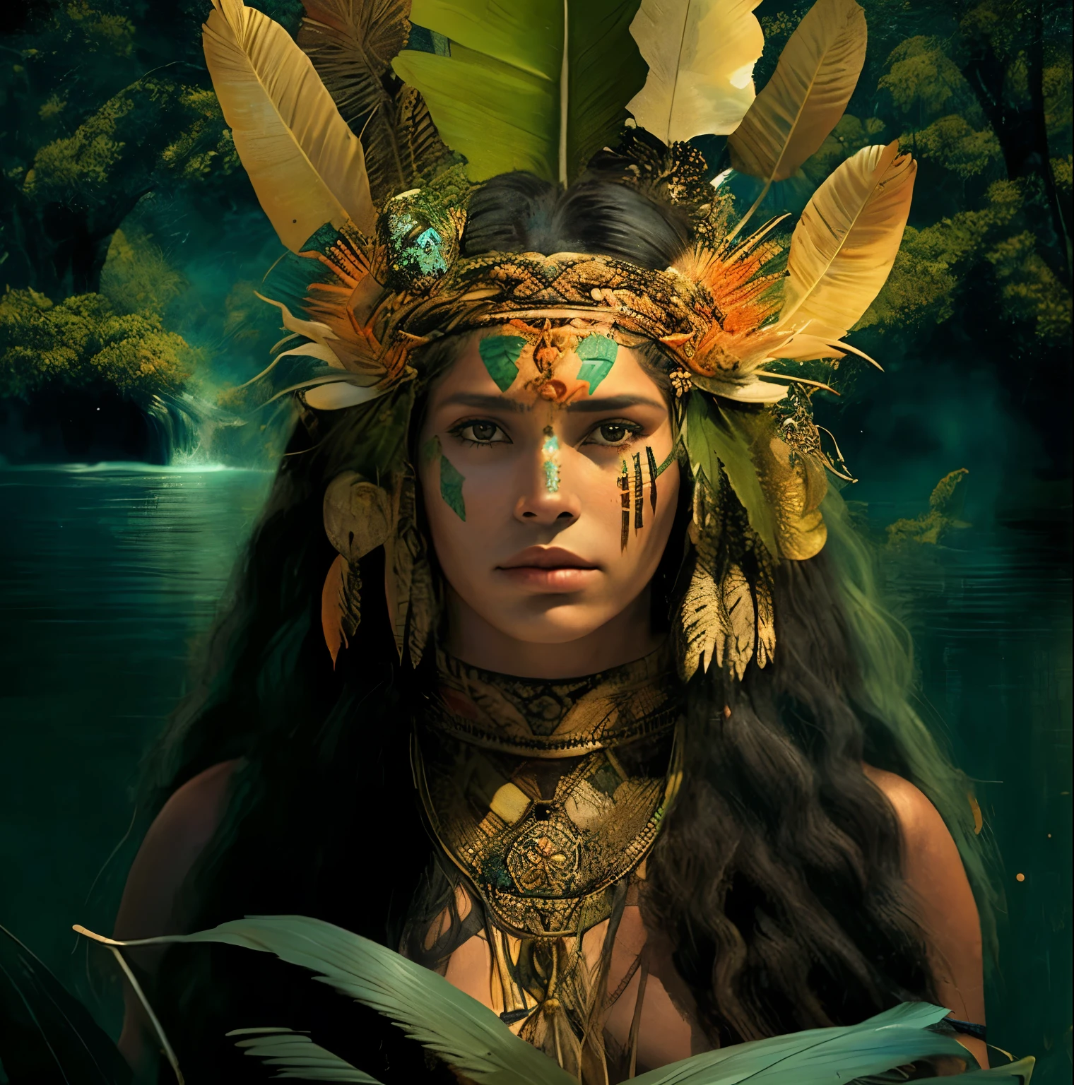 Mujer arafed con plumas y plumas en la cabeza de pie en el agua, Retrato de la princesa azteca, Retrato de una joven Pocahontas, : native american shamen fantasy, Retrato de Pocahontas, beautiful young female shaman, A young shaman, Reina del Amazonas, Guerrero Amazonas, Amazonian, Retrato de una mujer guerrera, Reina azteca, Amazonian Indian Peoples in Brazil