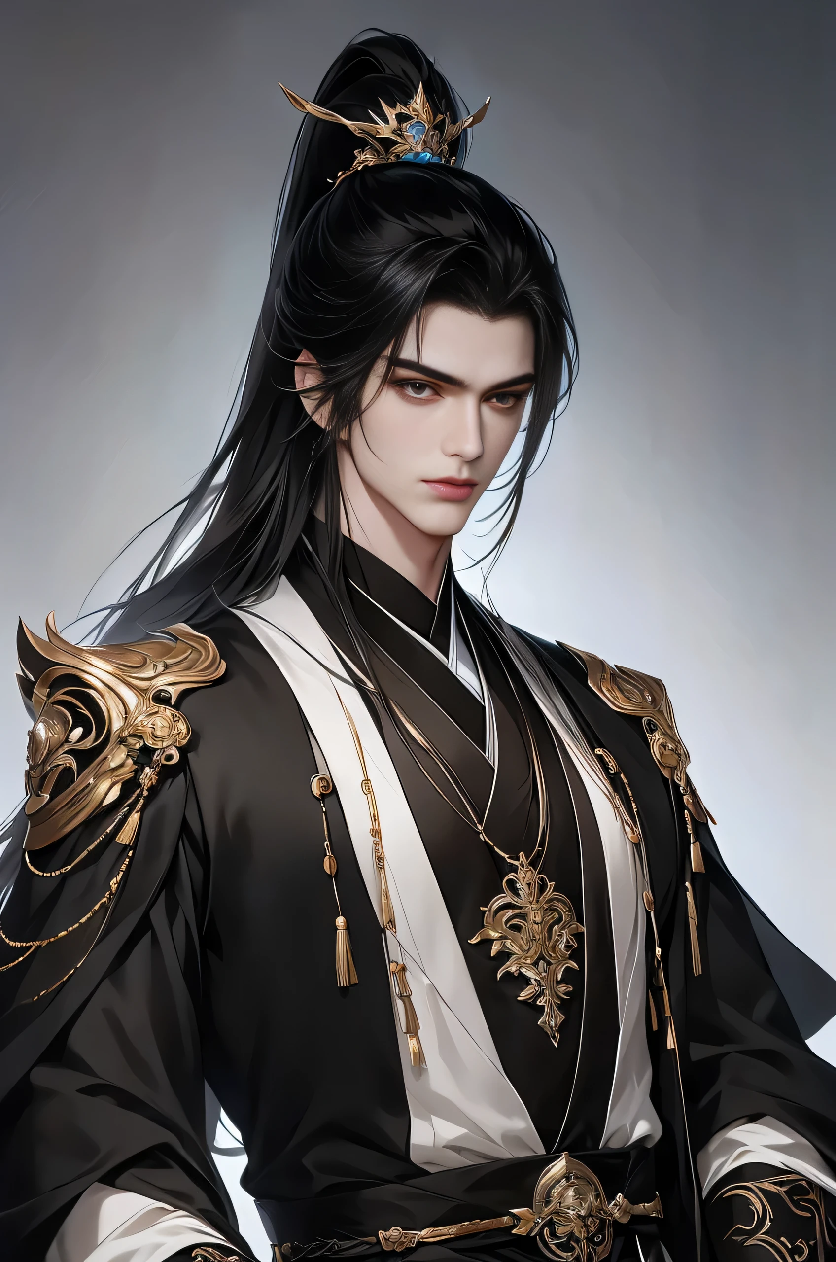 Chinese men，upperbody closeup，white hair on shoulders，（Whole-body proportions）proportions are correct，Face details，（glowing light eyes），The expression is grim，High ponytail hairstyle，Neck details，gold shell，detailed，long white robe，white and gold robes，clothes details，surrender，longer sleeves，Game quality，Light and shadow tracking，ray traycing，detailed发光，cg render，hair detail，（White is long hair），，Handsome face，Clothing is complicated，Perfectcomposition，Refinement，high high quality，More detailed，A lot of detail，The background is complex，a sense of atmosphere，solid black background，high high quality，（with a pure white background）