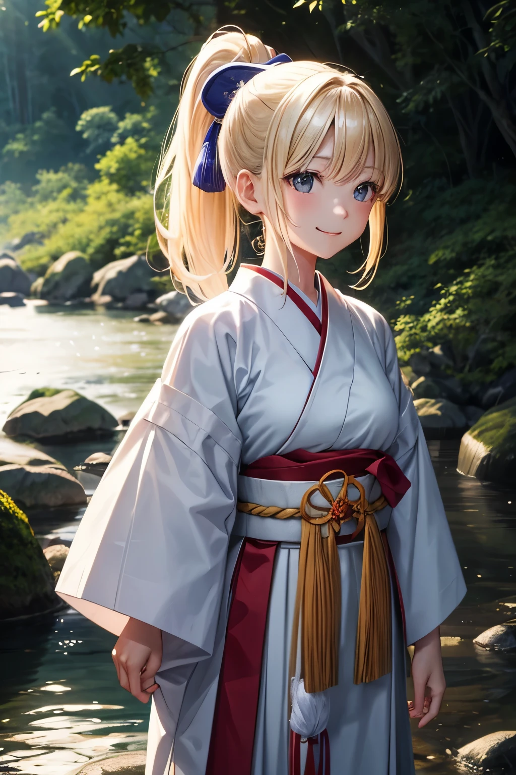A 16 year old Japanese girl, blonde ponytail , wearing only a white Japanese traditional dress , standing calmly , looks funny, at a river in a forest in night, spreading her left arms forward, a bit windy scene, smiling calmly, under the moonlight, looking forward