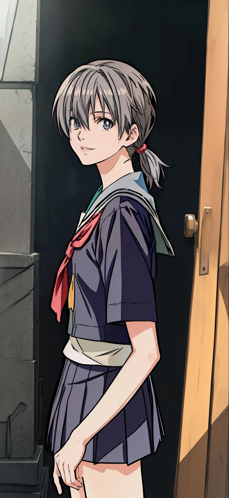 (Best Quality,4K,8K,hight resolution,masutepiece:1.2), Ultra-detailed, (Realistic,photoRealistic,photo-Realistic:1.37), nerdy, smirk,((Gray hair color)),((Medium long hair)), ((Hair over eyes)),((Japan schoolgirl uniform)),muffler,high socks, pumps,Beautiful detailed eyes, Beautiful detailed lips, extremely detailed eye and face, long eyelashes, Realistic anime 3D style, Smooth Anime CG Art, Digital rendering by Makoto Shinkai, Moe Anime Art Style, photoRealistic rendering of an anime girl, Shinkai Makoto style, Cute anime girl visuals, Realistic young anime girl, girl fan art, Created by Anime Artist&#39;studio of.