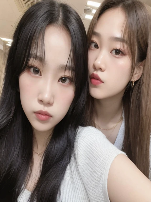 Two young women posing for a photo in a public place., ulzzang, Lalisa Manobal, Jinyoung Shin, con negro, Jaeyeon Nam, rosa negro jennie, con hiedra, Nixeu y Sakimichan, UWU, 8k)), lalisa manoban of rosa negro, dos veces, jossi of rosa negro, rosa negro, #Oc, # Oc