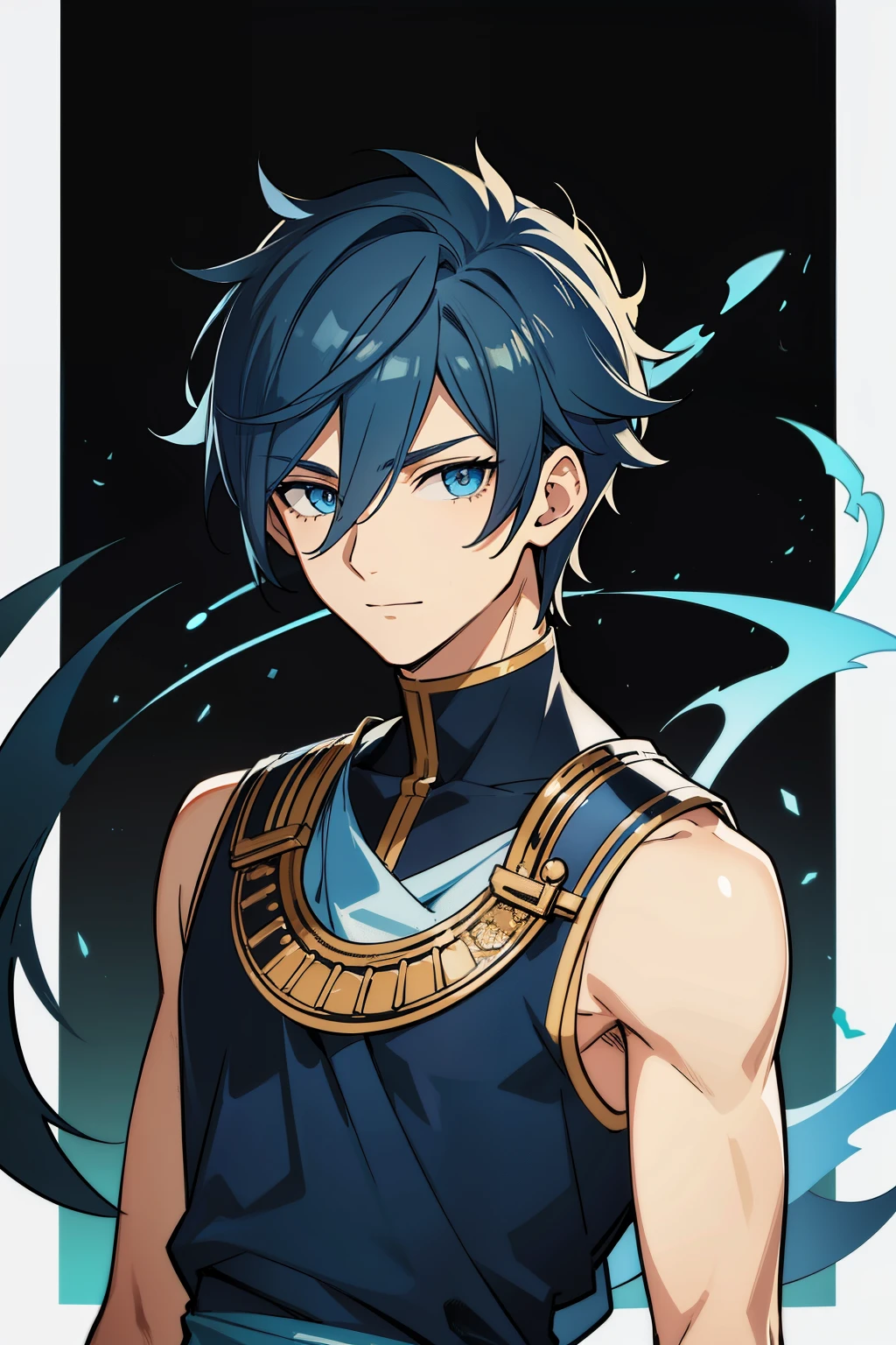 (high-quality, breathtaking),(expressive eyes, perfect face) 1boy, boy, solo, adult, dark blue hair, blue coloured eyes, stylised hair, gentle smile, medium length hair, loose hair, side bangs, curley hair, really spiky hair, spiked up hair, looking at viewer, portrait, ancient greek clothes, blue black and white tunic, white Chlamys, sleeveless, greek, blue and gold sash, music inspired background, related to Orpheus, hair accessory blue