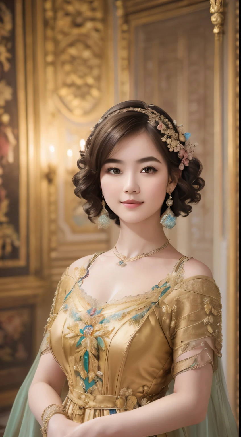 141
(a 20 yo woman,in the palace), (A hyper-realistic), (high-level image quality), ((beautiful hairstyle 46)), ((short-hair:1.46)), (kindly smile), (breasted:1.1), (lipsticks), (is wearing dress), (murky,wide,Luxurious room), (florals), (an oil painting、Rembrandt)