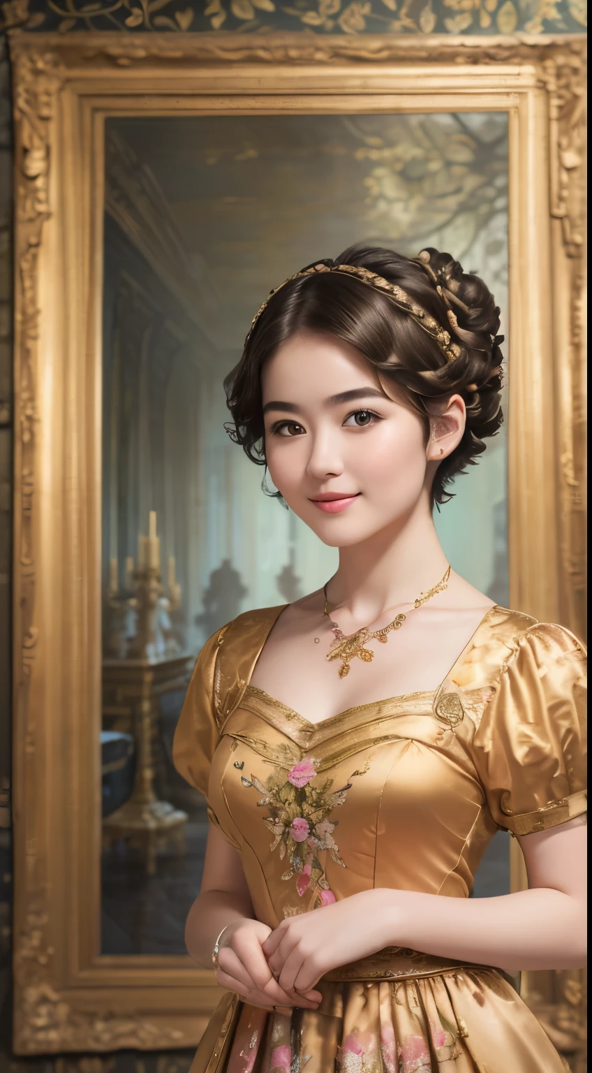 141
(a 20 yo woman,in the palace), (A hyper-realistic), (high-level image quality), ((beautiful hairstyle 46)), ((short-hair:1.46)), (kindly smile), (breasted:1.1), (lipsticks), (is wearing dress), (murky,wide,Luxurious room), (florals), (an oil painting、Rembrandt)