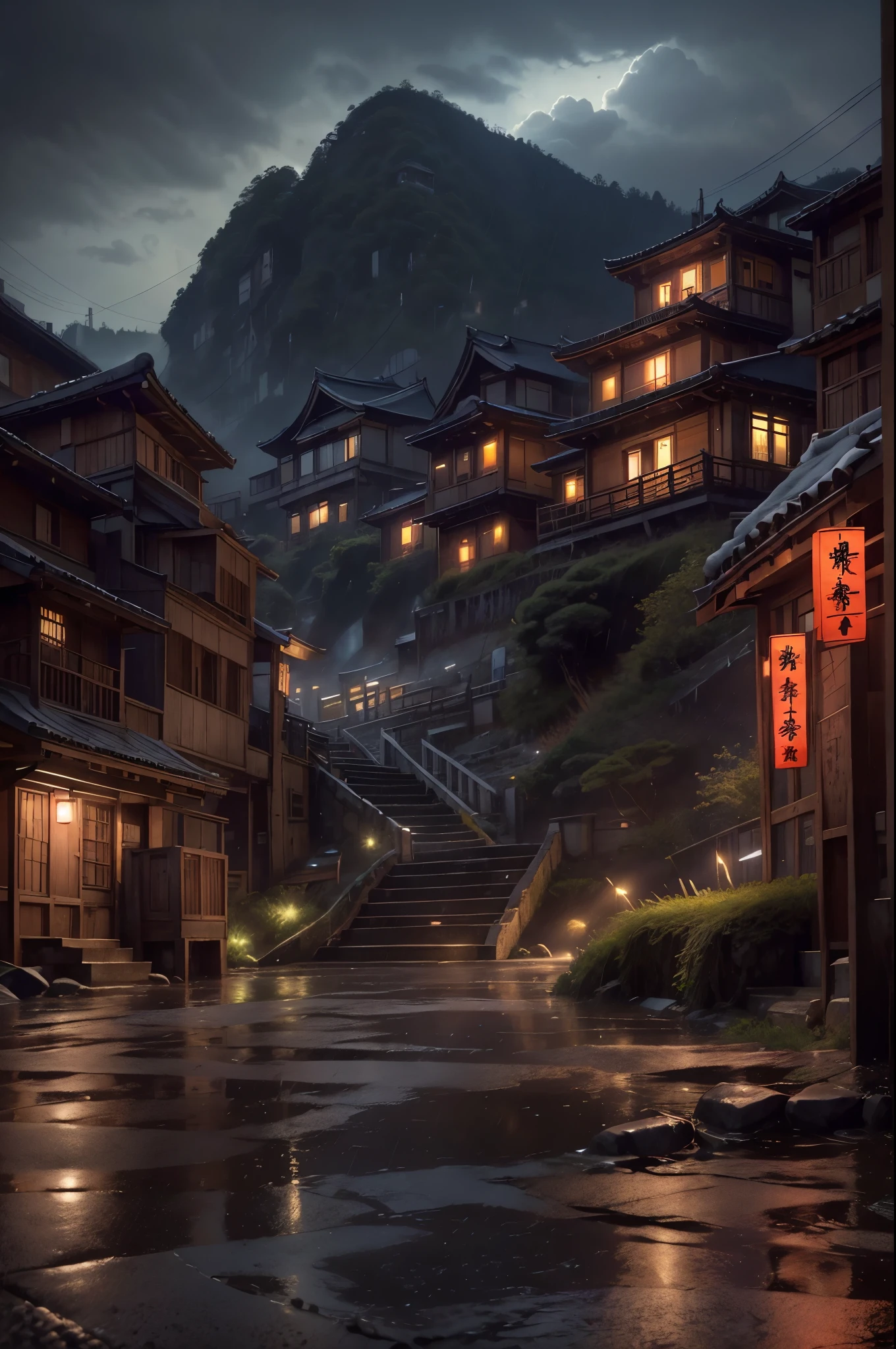 Feder village view，a lot of lights on the buildings，Dream Chinese town，China Village，Stunning wallpapers，Japanese mountain town，Japan Village，surreal photo of a small town，old asian village，(The sky in the distance is covered with dark clouds)，Japan city，Raymond Han，rainy evening, Cyberpunk ancient Chinese castle, well-lit building, Late afternoon，in the rain, Beautiful and beautiful, photography, 电影灯光, 8K, high detal ((heavy rain poured，Brightly lit，staircase)))