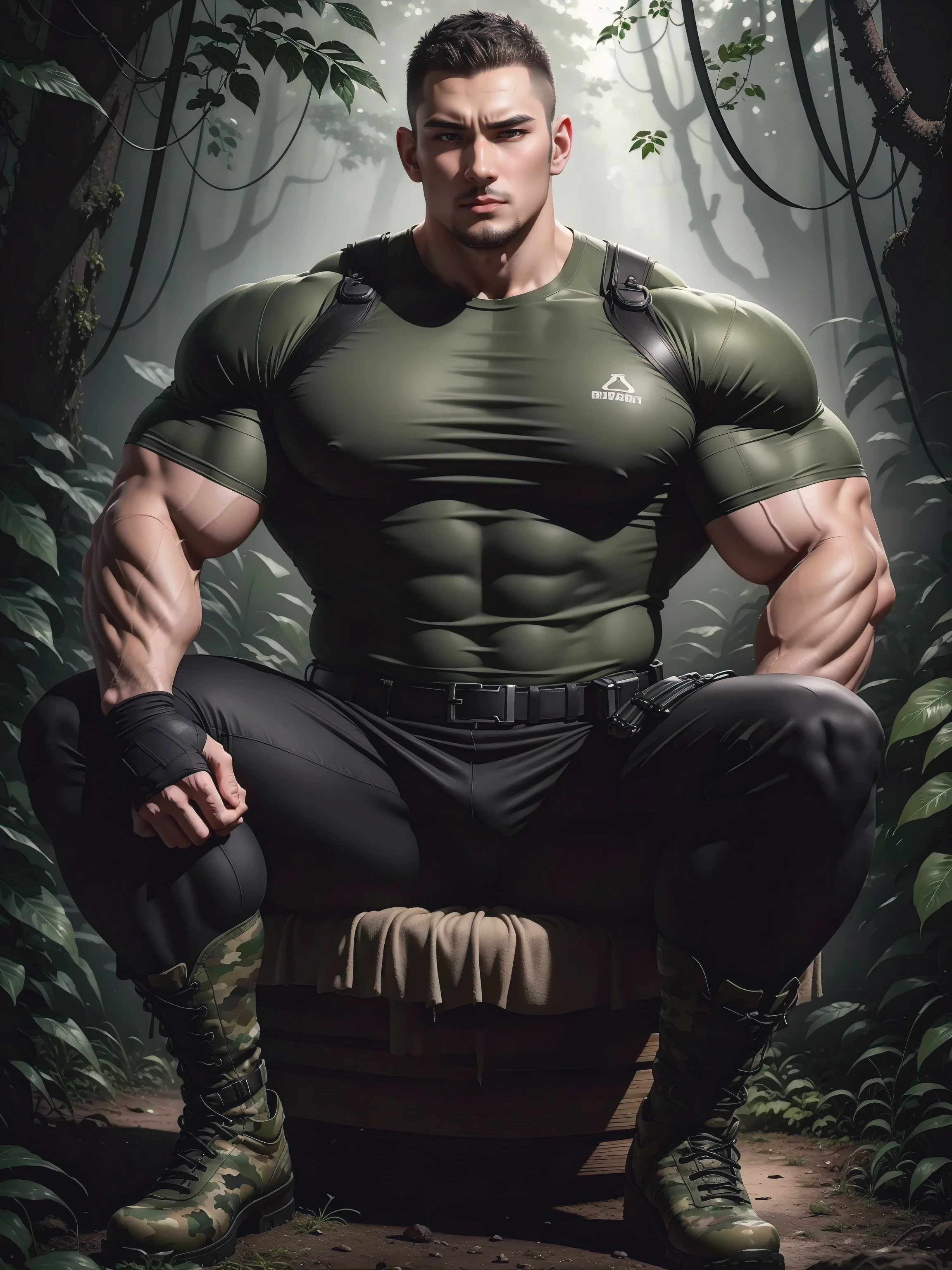 Frowning sad tall giant muscular man sitting in the forest，Dark gray tight camouflage T-shirt，character  design（Resident Evil - Chris Redfield，Chris Redfield）His hairstyle is a crew cut，Wearing dark gray tight-fitting camouflage military uniform，Matte texture，Soft and comfortable sofa，Sitting in the eerie sugar cane jungle, The body is wrapped in thick rattan，expression sad，Deep and charming eyes，The hero with emerald pupils，heroic masculine pose，Tall and burly，musculous！Charming leg muscles，tall, Burly, and strong， Wearing dark gray camouflage military uniform， Super gain and cool， commission for high resolution， Big feet in black boots，Charming strong man，Bright sunlight shines on the body，Matte particles with shiny texture