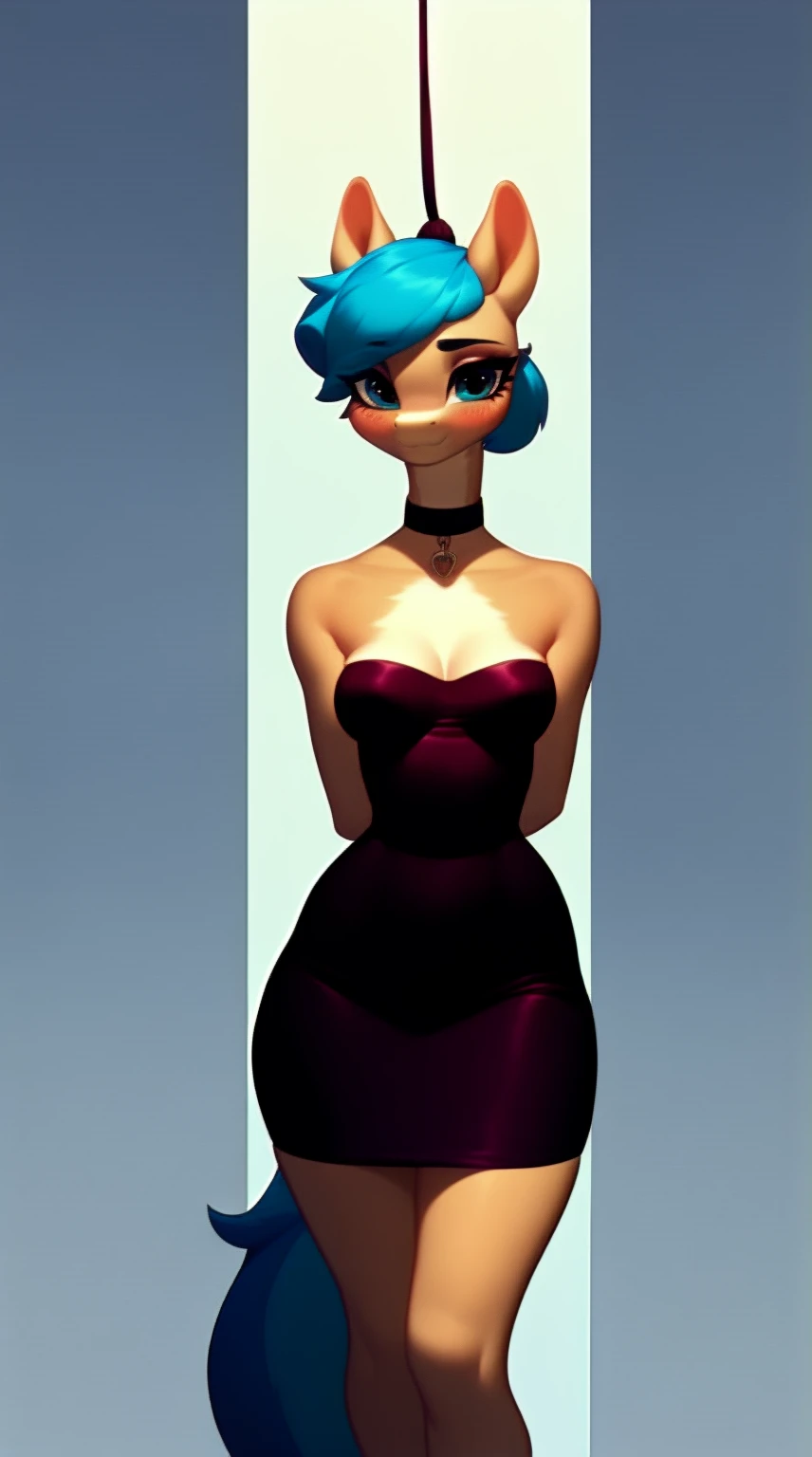 (score_9), (source_derpibooru_p_95), (solo), ((anthro o.c pony 1.1)), (strapless dress), blushing, sad, anatomically correct, small breasts, solo, hourglass figure, curvy, plump body, very cute young girl, high res, beautiful long neck, hair tied up, choker, ,