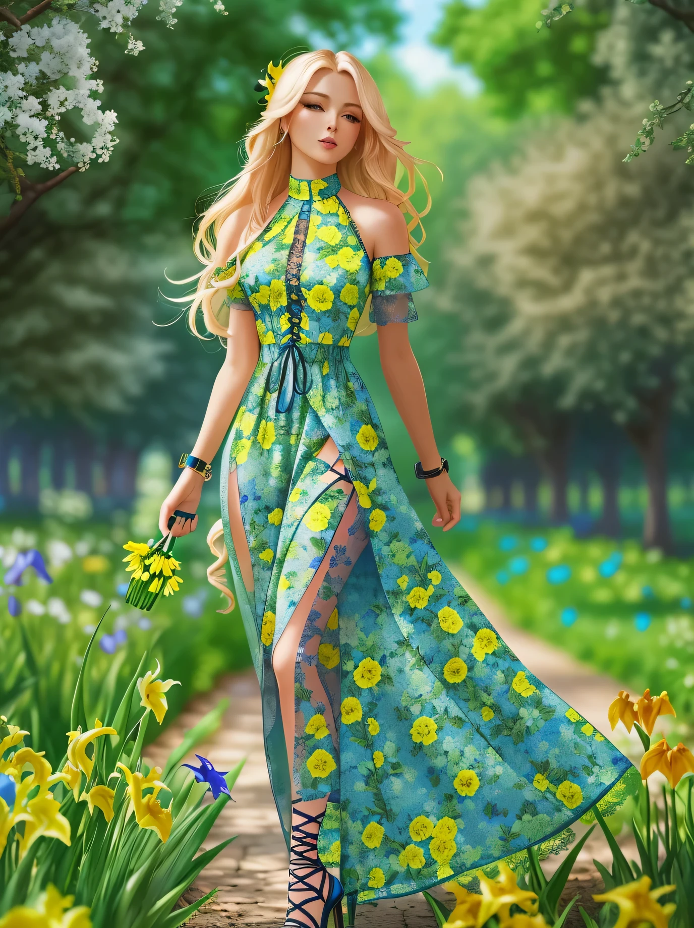 masterpiece, complimentary  solid outline colors,  spectacular quality, summer, European woman, stylish+long blonde hair,      wearing a floral long  front lace_up dress ,  lace trimming ,the skirt of the dress a sheer fabric, on her feet are a pair of sandal high heels,  angular posing, pay alot of impressive attention  by detailing her face, she is on an calming stroll in the park, in the background are: oak trees, tall beautiful weeping willows, lush greenery, nice clear blue skies, seen in the image is her whole form, with a full body portrait shot, a couple of compact pretty decorative colorful florals, iris, buttercup, flower lily, flowers tulip, light to semi-dark color scheme accent colors:ivygarden, second accent color:mimesia blue, this palette has natural cool to warm color temperature