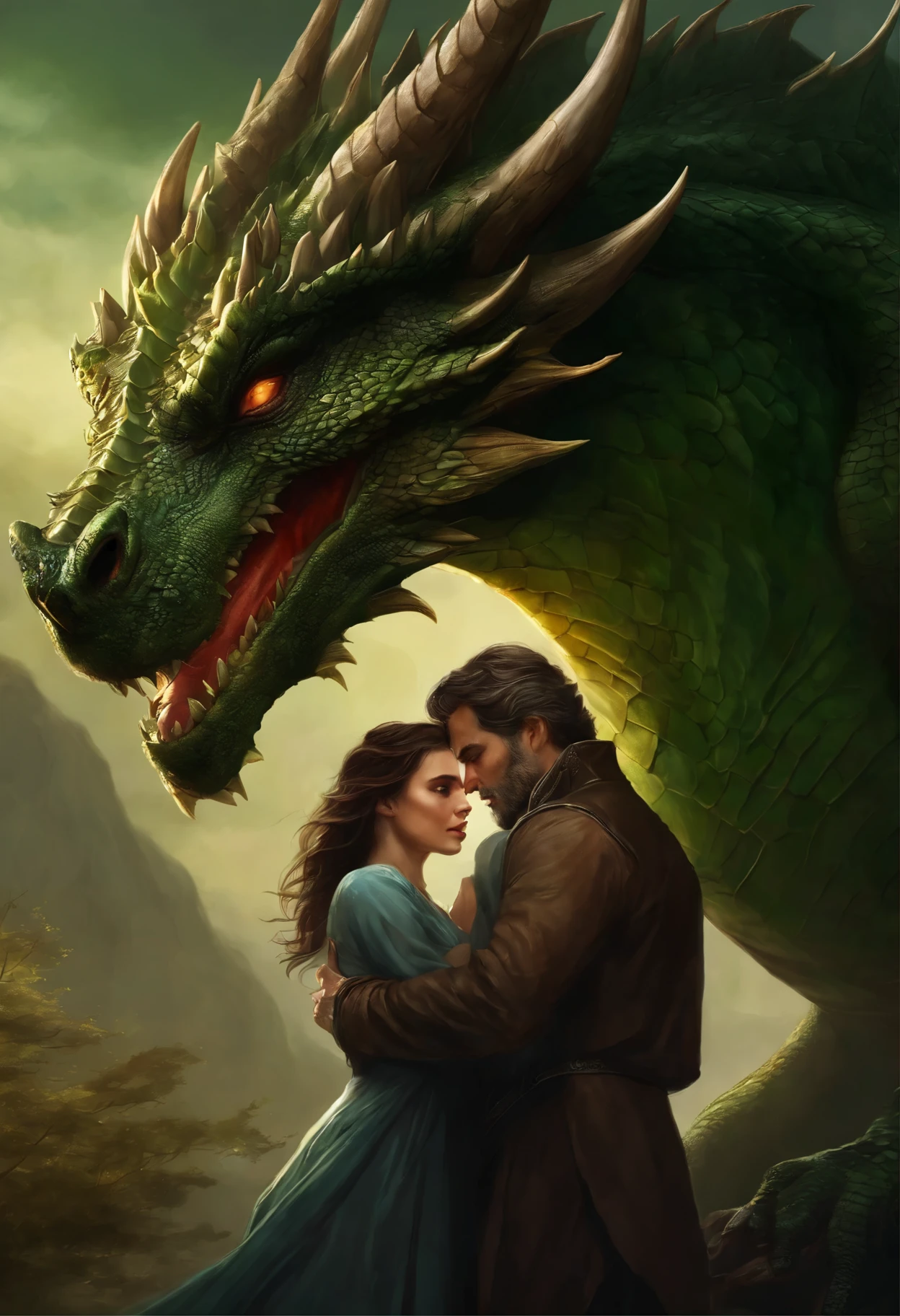 close-up of a green-eyed brunette with brown curls, hugging a gray-haired man, near a huge green dragon, epic fantasy art style, dark fantasy style art, detailed fanart, fantasy portrait, artistic portrait in epic fantasy style, graphic artist magali villeneuve, male portrait in fantasy style, The Man with the Soul of a Dragon, epic fantasy style art, epic fantasy digital art style