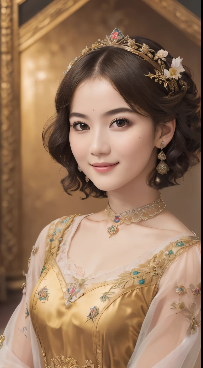 141
(a 20 yo woman,in the palace), (A hyper-realistic), (high-level image quality), ((beautiful hairstyle 46)), ((short-hair:1.46)), (kindly smile), (breasted:1.1), (lipsticks), (is wearing dress), (murky,wide,Luxurious room), (florals), (an oil painting、Rembrandt)