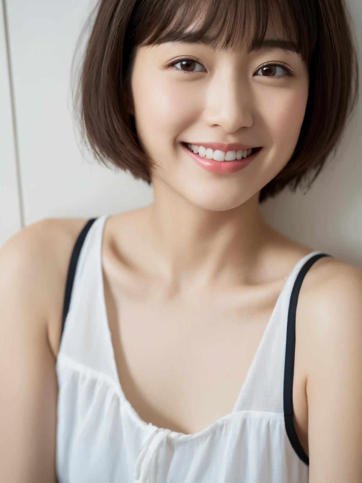 8k, best quality, 1girl, A Japanese young woman, in hotel room, slight smile, a close-up, short hair, crystal clear white skin, detailed eyes, detailed lips, wearing a sexy white negligee,