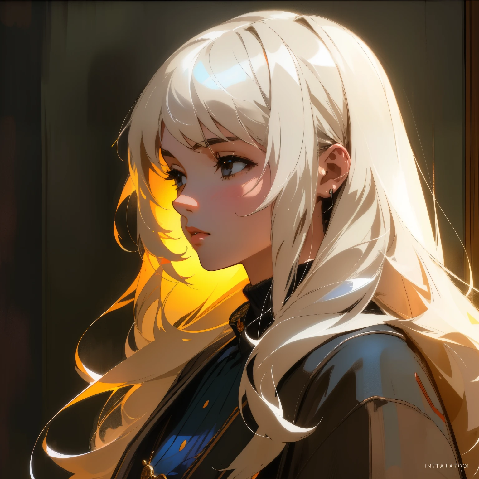 Generate an image of a young British girl with long white hair and black eyes. (Portrait, Semi-Realistic Style, Indoor Setting, Natural Lighting, Medium Quality, Subtle Noise, Cool Colors, Realistic Brushwork, DeviantArt Influence, Vintage Clothing, Macro Lens)