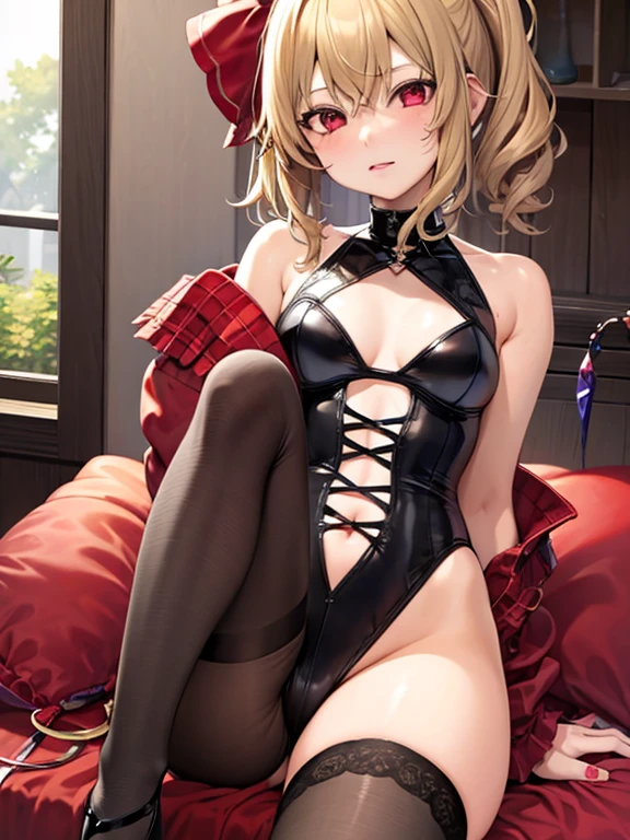 ,best qualtiy, 1 girl in,Flandre Scarlet,Blonde ponytail、skimpy clothes、C Cup、
