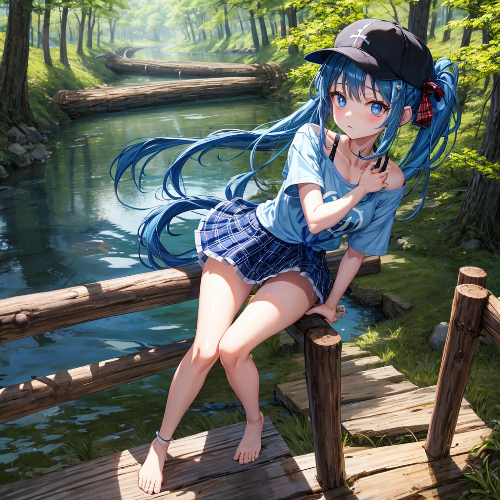Blue hair、blue eyess、Braids、one good looking girl、独奏、animesque、Plaid miniskirt、Black T-shirt、camisole、the woods、Sunlight、Wearing a plaid baseball cap、bare-legged、Tilting your face、Walking、Crossing a log bridge while keeping balance、Doing the ribbon、have a twig、climbing the wooden stairs