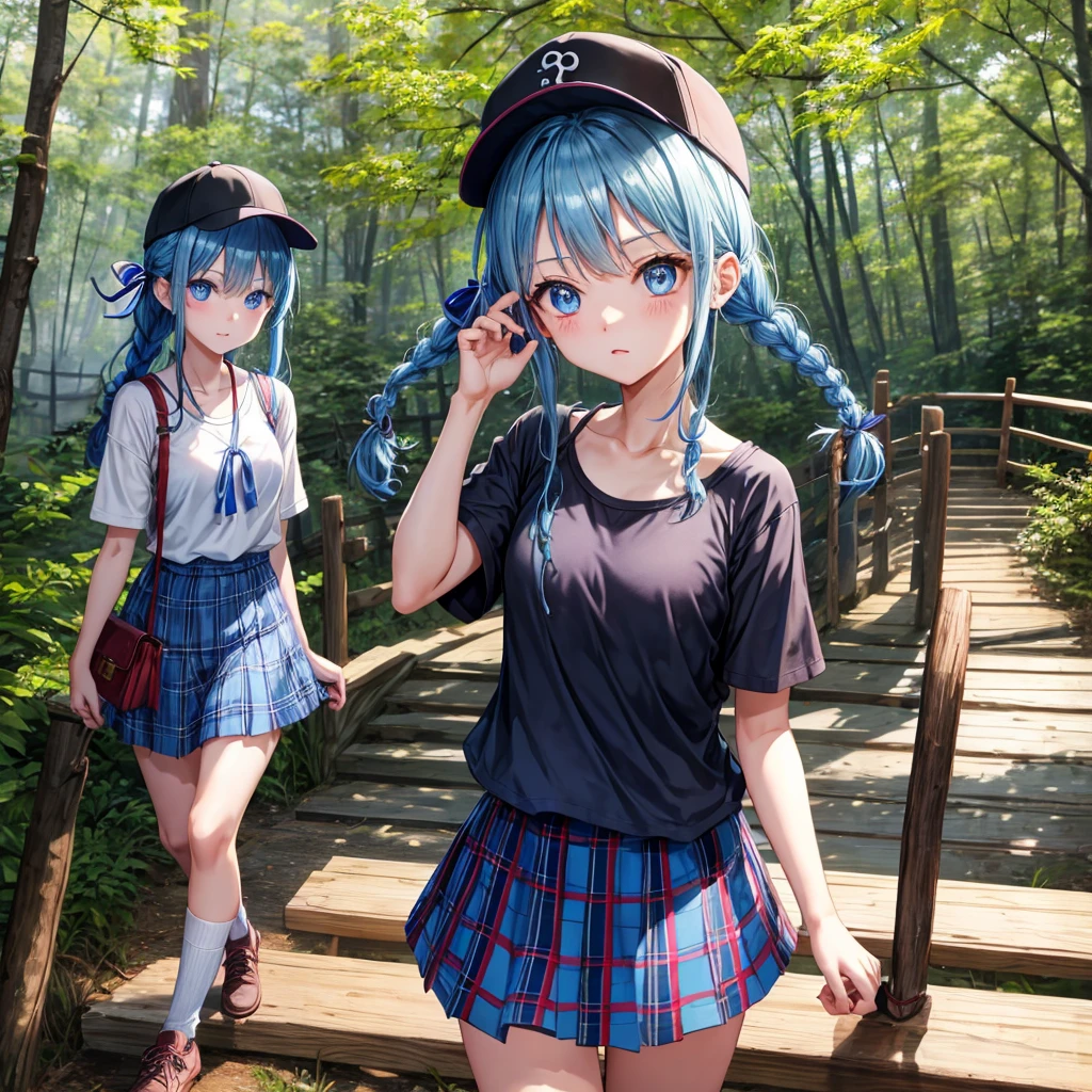 Blue hair、blue eyess、Braids、one good looking girl、独奏、animesque、Plaid miniskirt、Black T-shirt、camisole、the woods、Sunlight、Wearing a plaid baseball cap、bare-legged、Tilting your face、Walking、Crossing a log bridge while keeping balance、Doing the ribbon、have a twig、climbing the wooden stairs