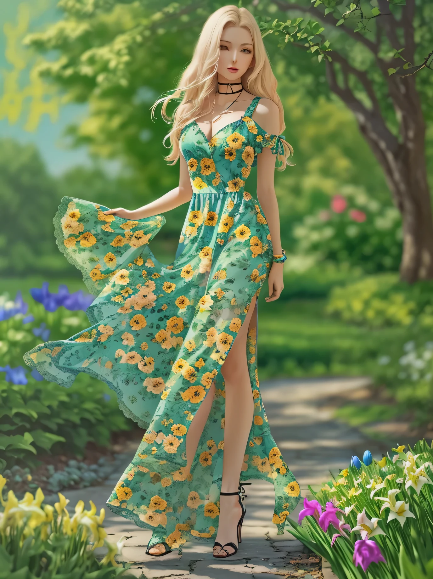 masterpiece, complimentary solid outline colors, spectacular quality, summer, European woman, stylish+long blonde hair, wearing a floral long front lace_up dress , lace trimming ,the skirt of the dress a sheer fabric, on her feet are a pair of sandal high heels, angular posing, pay alot of impressive attention by detailing her face, she is on an calming stroll in the park, in the background are: oak trees, tall beautiful weeping willows, lush greenery, nice clear blue skies, seen in the image is her whole form, with a full body portrait shot, a couple of compact pretty decorative colorful florals, iris, buttercup, flower lily, flowers tulip, light to semi-dark color scheme accent colors:ivygarden, second accent color:mimesia blue, this palette has natural cool to warm color temperature
