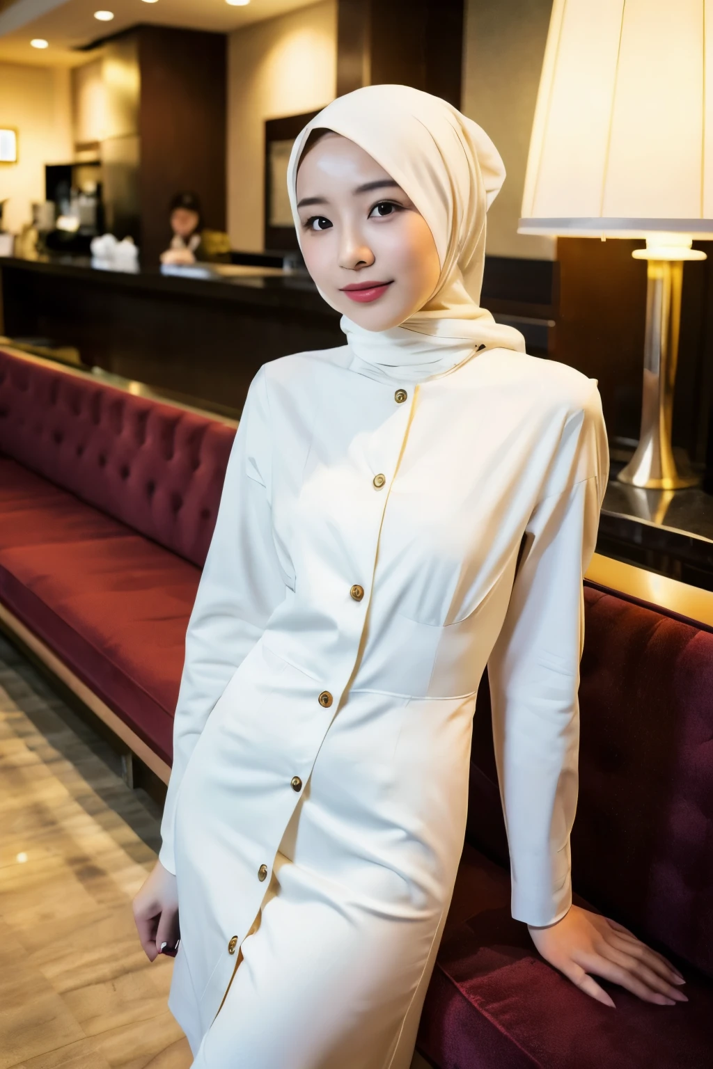 Professional look babe asian wearing modern hijab, buttoned white shirt, petite body, professional, 21 years old, hotel lobby, modest dress, different pose