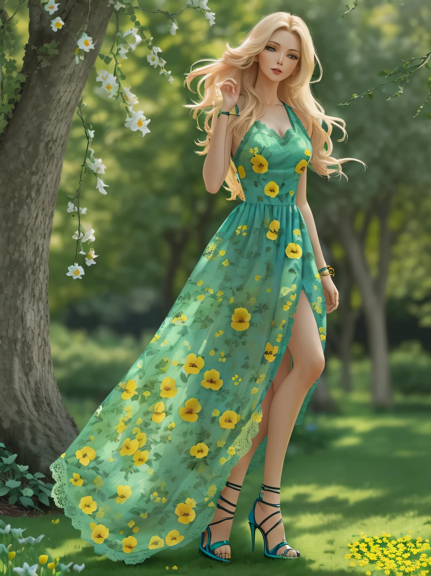 masterpiece, complimentary solid outline colors, spectacular quality, summer, European woman, stylish+long blonde hair, wearing a floral long front lace_up dress , lace trimming ,the skirt of the dress a sheer fabric, on her feet are a pair of sandal high heels, angular posing, pay alot of impressive attention by detailing her face, she is on an calming stroll in the park, in the background are: oak trees, tall beautiful weeping willows, lush greenery, nice clear blue skies, seen in the image is her whole form, with a full body portrait shot, a couple of compact pretty decorative colorful florals, iris, buttercup, flower lily, flowers tulip, light to semi-dark color scheme accent colors:ivygarden, second accent color:mimesia blue, this palette has natural cool to warm color temperature