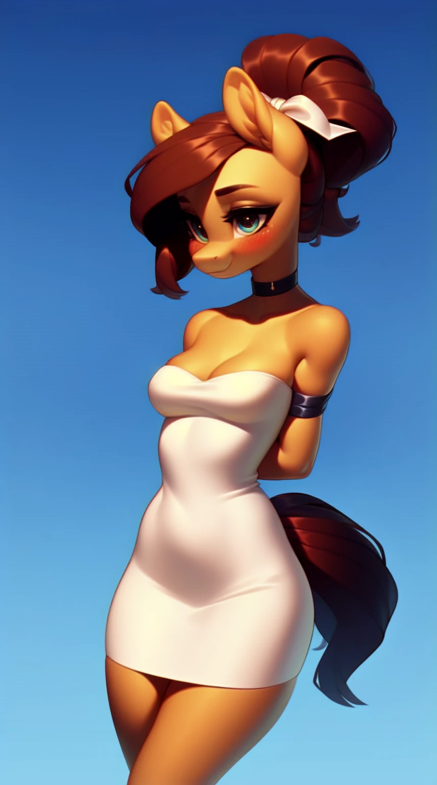 (score_9), (source_derpibooru_p_95), (solo), ((anthro o.c pony 1.1)), (strapless dress), blushing, sad, anatomically correct, small breasts, solo, hourglass figure, curvy, plump body, very cute young girl, high res, beautiful long neck, hair tied up, choker, ,