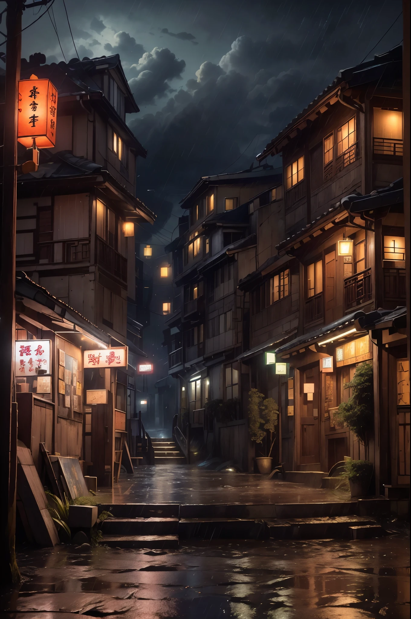 Feder village view，a lot of lights on the buildings，Dream Chinese town，China Village，Stunning wallpapers，Japan Village，surreal photo of a small town，old asian village，(The sky in the distance is covered with dark clouds)，Japan city，Raymond Han，rainy evening, Cyberpunk ancient Chinese castle, well-lit building, Late afternoon，in the rain, Beautiful and beautiful, photography, 电影灯光, 8K, high detal ((heavy rain poured，Brightly lit，staircase)))