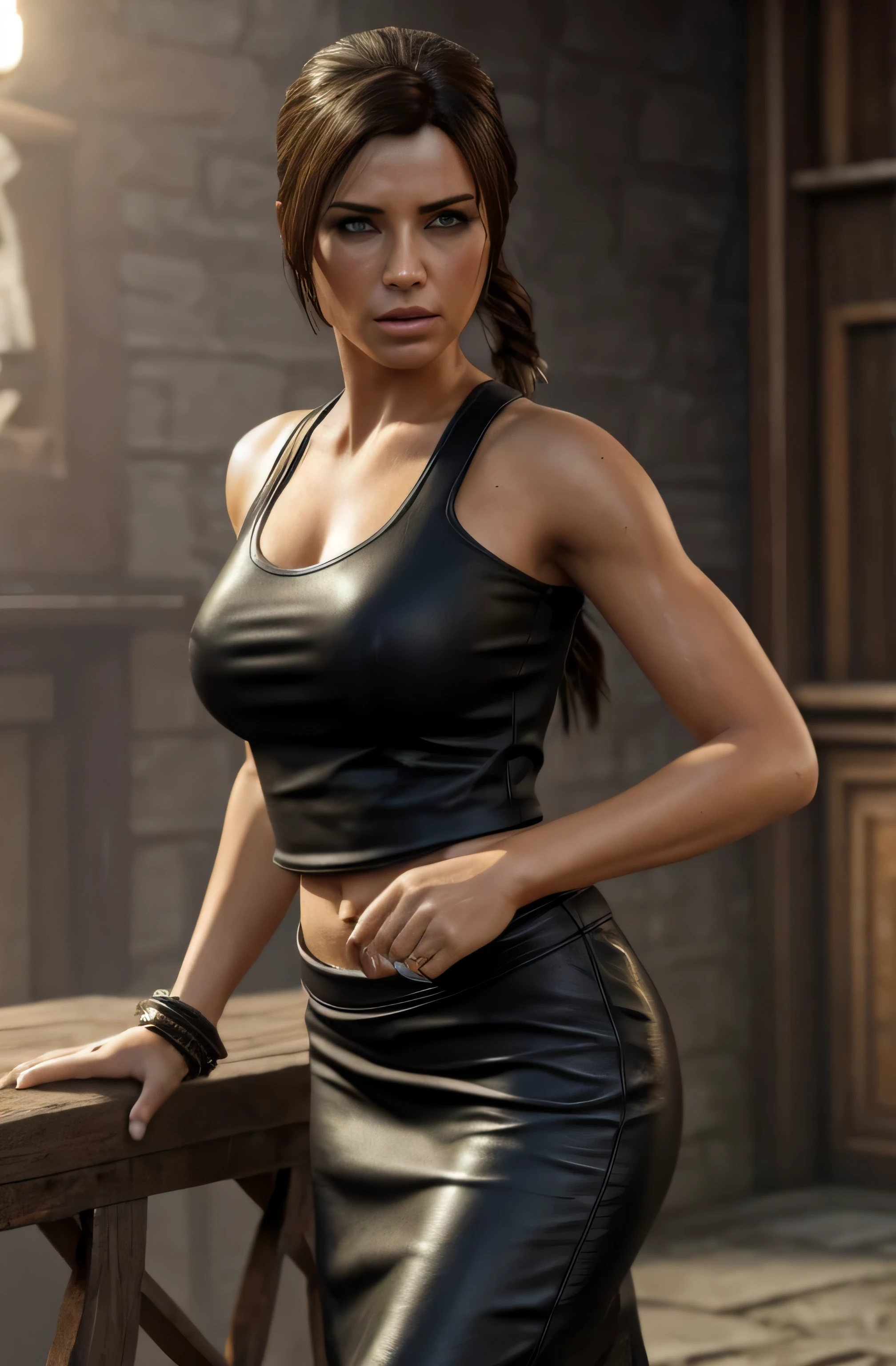 Style of sleepy gimp (Meisterwerk), (best qulaity), (fotorealistisch: 1,3), 8k, detaillierte Hauttextur, beautiful detailed face, komplizierte Details, Sexy Mittelalterliche Lara Croft hair blowing in the wind neckholder top, leather pencil skirt, Beautiful Hot Sporty , high heels, skank, Foto