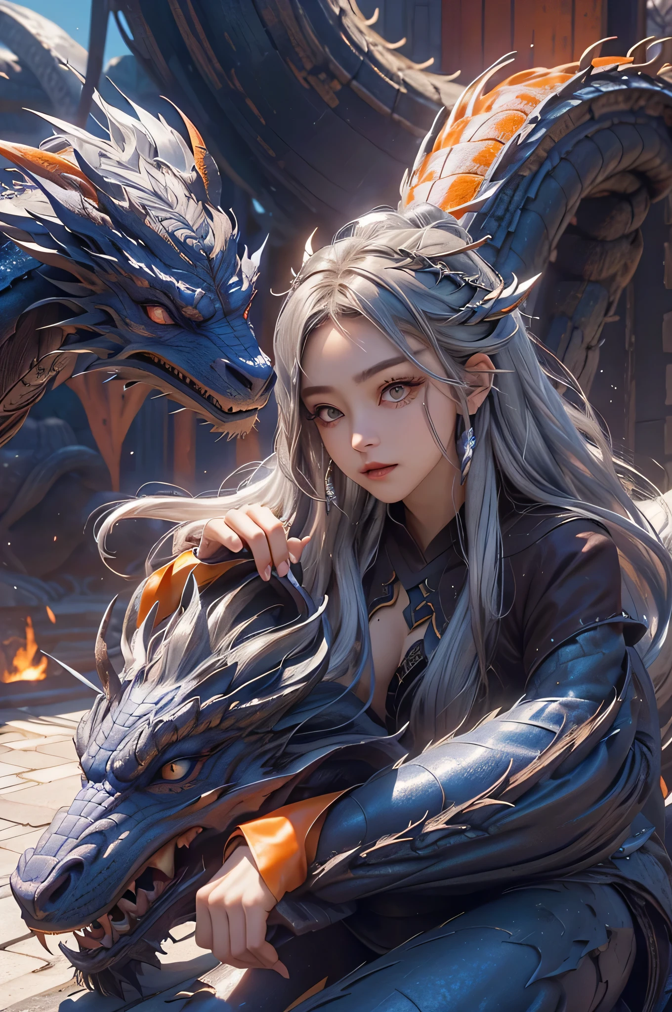 write、A woman who challenges a dragon to battle、Neat face、(Silvery hair)、(dark brown eyes:1.2),Terrible、ultra-detailliert、Brutalist influence、Dramatic shadows、luxuries、Orange sunset、deep blue and a little white