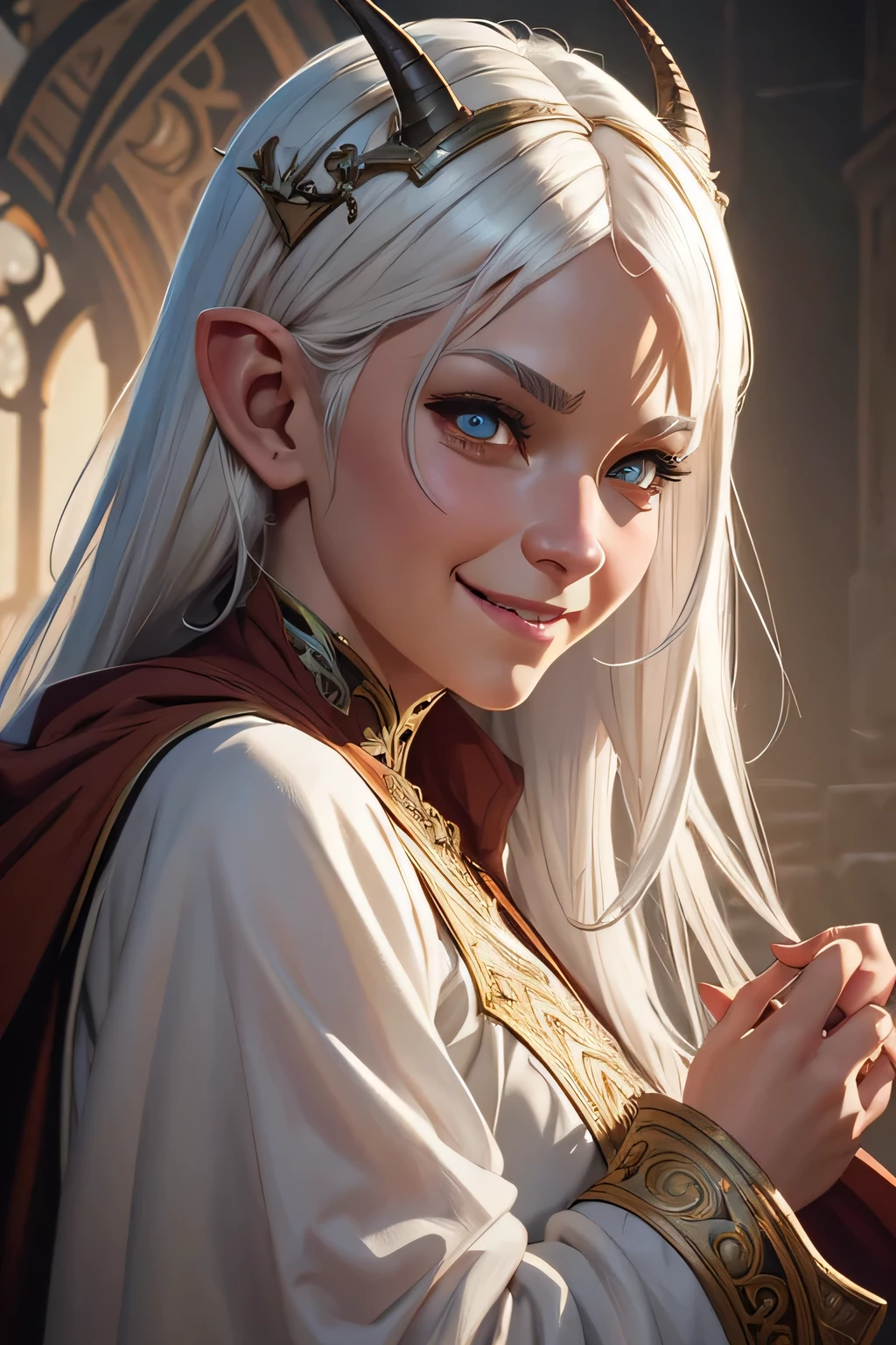 ultra realistic illustration, fantasy, dungeons & dragons, , tiefling, horns, exotic white hair, monk, demon eyes, intricate, elegant, highly detailed, digital painting, artstation, concept art, sharp focus, illustration, art by artgerm and greg rutkowski and alphonse mucha, happy, smiling, solo