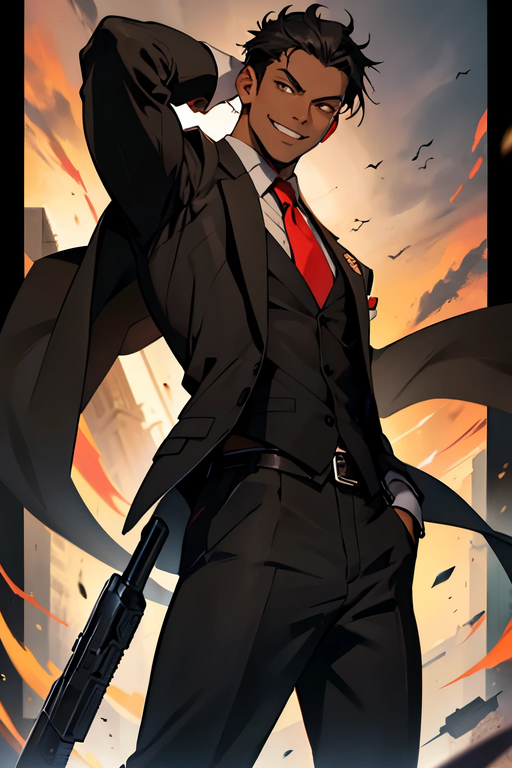 Black young man, black hair, medium hair, Tall, black suit, Brown eyes, fang, evil smile, gun, beautiful