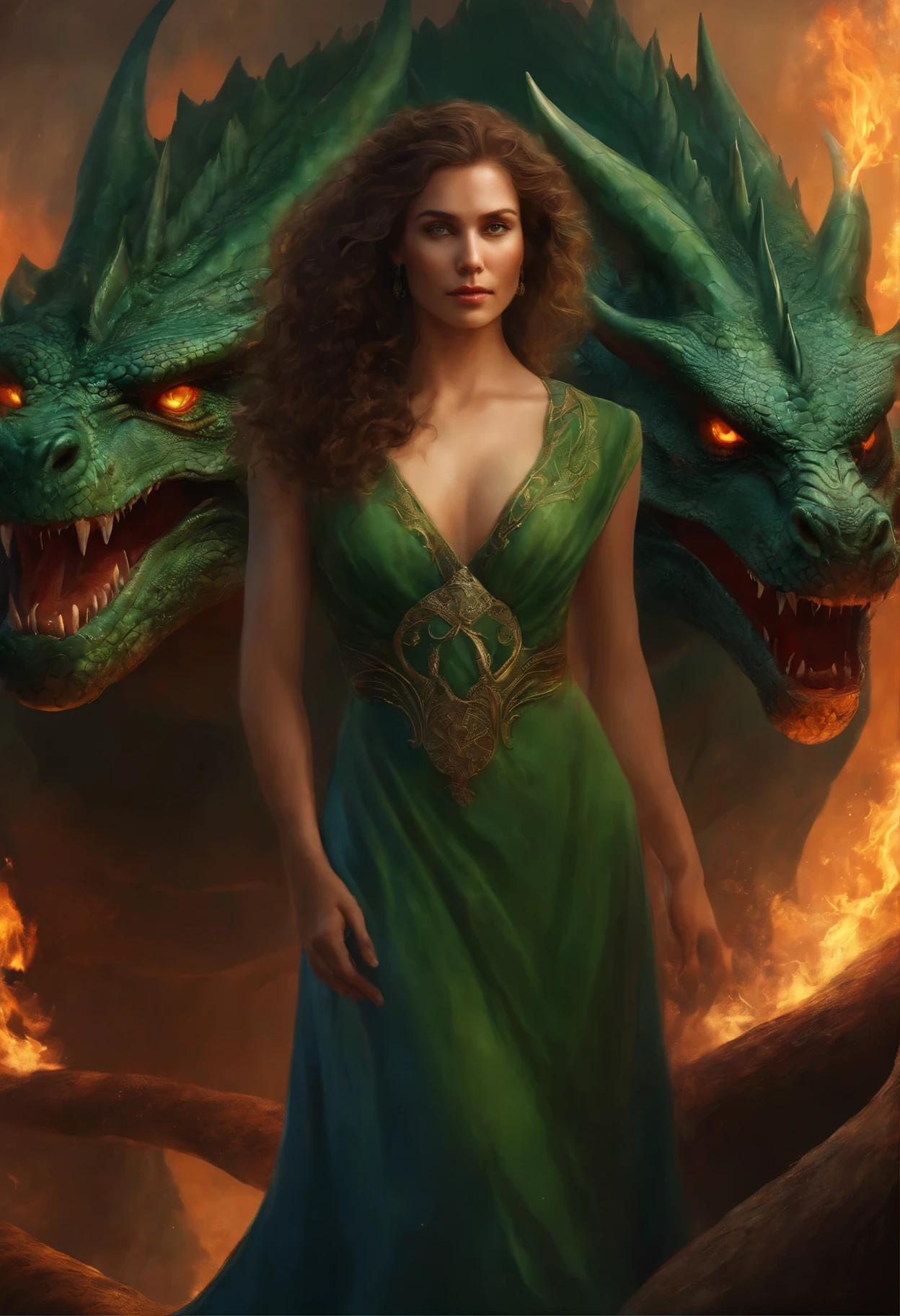 close-up of a woman with brown curls and green eyes wearing a blue nightgown, standing face to face with a huge majestic green dragon and a scorching fire demon , epic fantasy art style, dark fantasy style art, portrait of fin wildcloak, detailed fanart, fantasy portrait, artistic portrait in epic fantasy style, graphic artist magali villeneuve, male portrait in fantasy style, The Man with the Soul of a Dragon, epic fantasy style art, epic fantasy digital art style