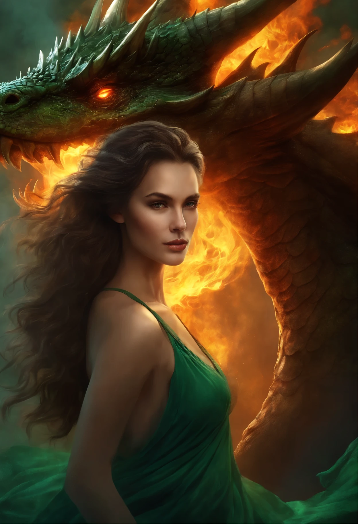 close-up of a woman with brown curls and green eyes wearing a blue nightgown, standing face to face with a huge majestic green dragon and a scorching fire demon , epic fantasy art style, dark fantasy style art, portrait of fin wildcloak, detailed fanart, fantasy portrait, artistic portrait in epic fantasy style, graphic artist magali villeneuve, male portrait in fantasy style, The Man with the Soul of a Dragon, epic fantasy style art, epic fantasy digital art style