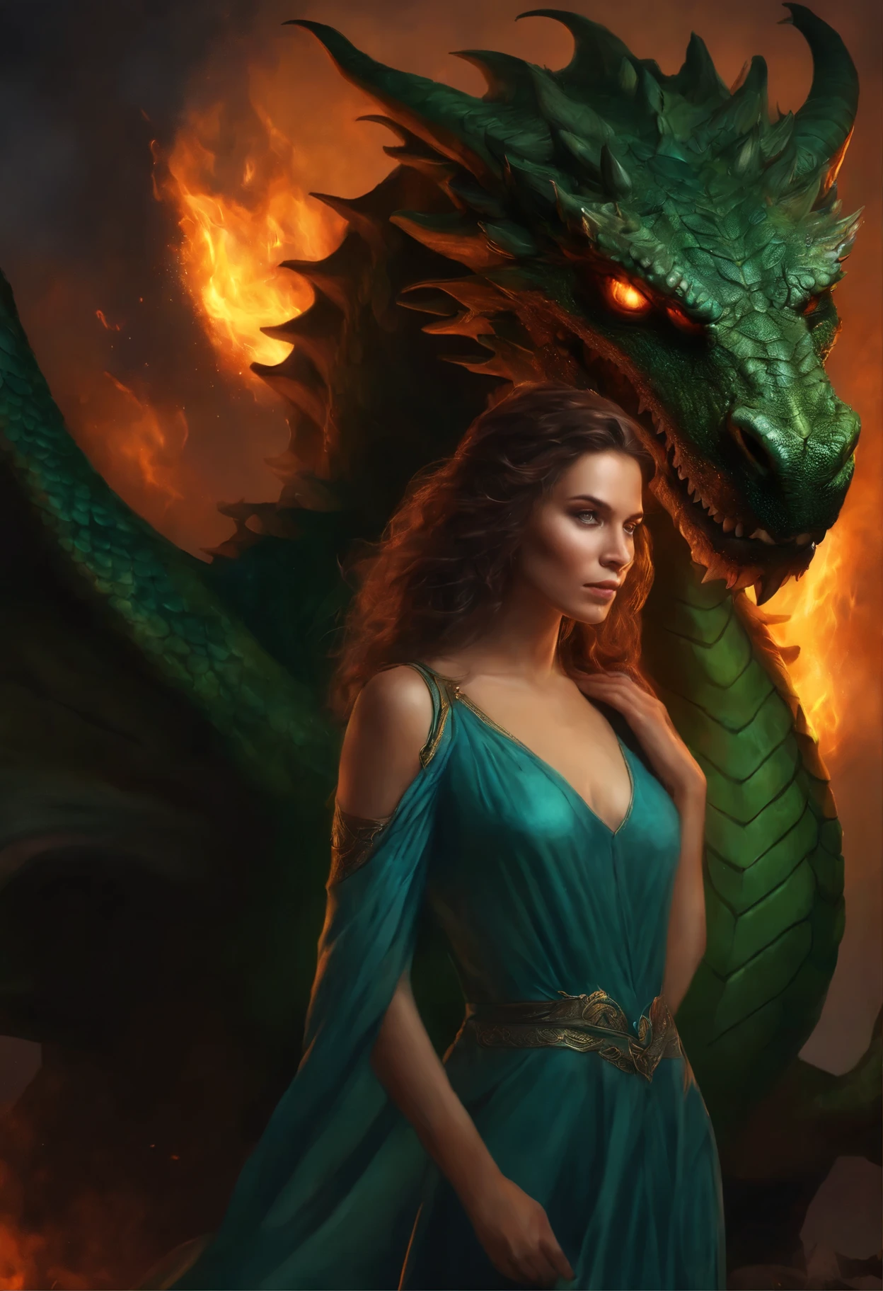 close-up of a woman with brown curls and green eyes wearing a blue nightgown, standing face to face with a huge majestic green dragon and a scorching fire demon , epic fantasy art style, dark fantasy style art, portrait of fin wildcloak, detailed fanart, fantasy portrait, artistic portrait in epic fantasy style, graphic artist magali villeneuve, male portrait in fantasy style, The Man with the Soul of a Dragon, epic fantasy style art, epic fantasy digital art style