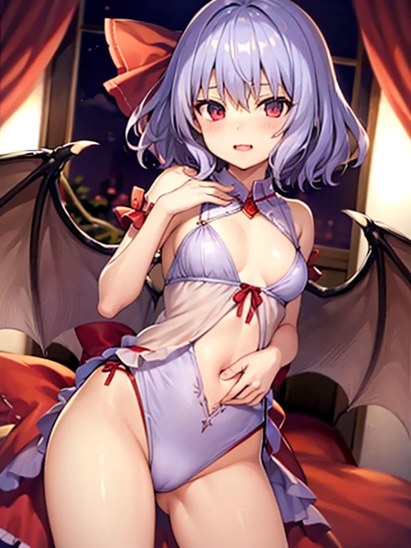 ,best qualtiy, 1 girl in,remilia scarlet,purple hair short、skimpy clothes、C Cup、