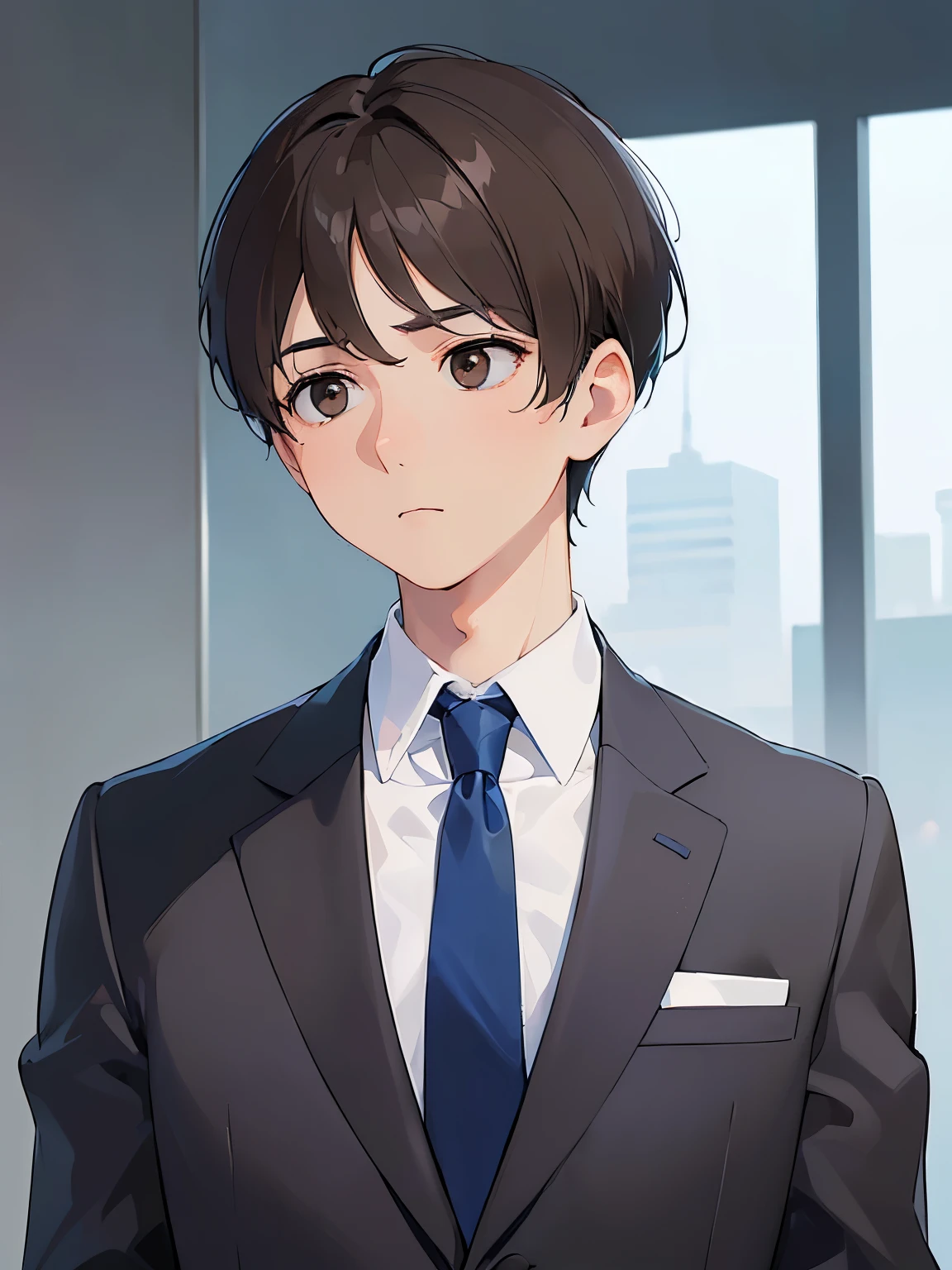 (looking away:1.5), ​masterpiece、hightquality、25 year old brown eyed man with short brown hair、(Wearing a gray suit:1.2)、white  shirt、blue tie、(Alone:1.5)、(serious facial expression:1.1)、(Only the upper body is shown.:1.3)、The background is office、Bold composition、