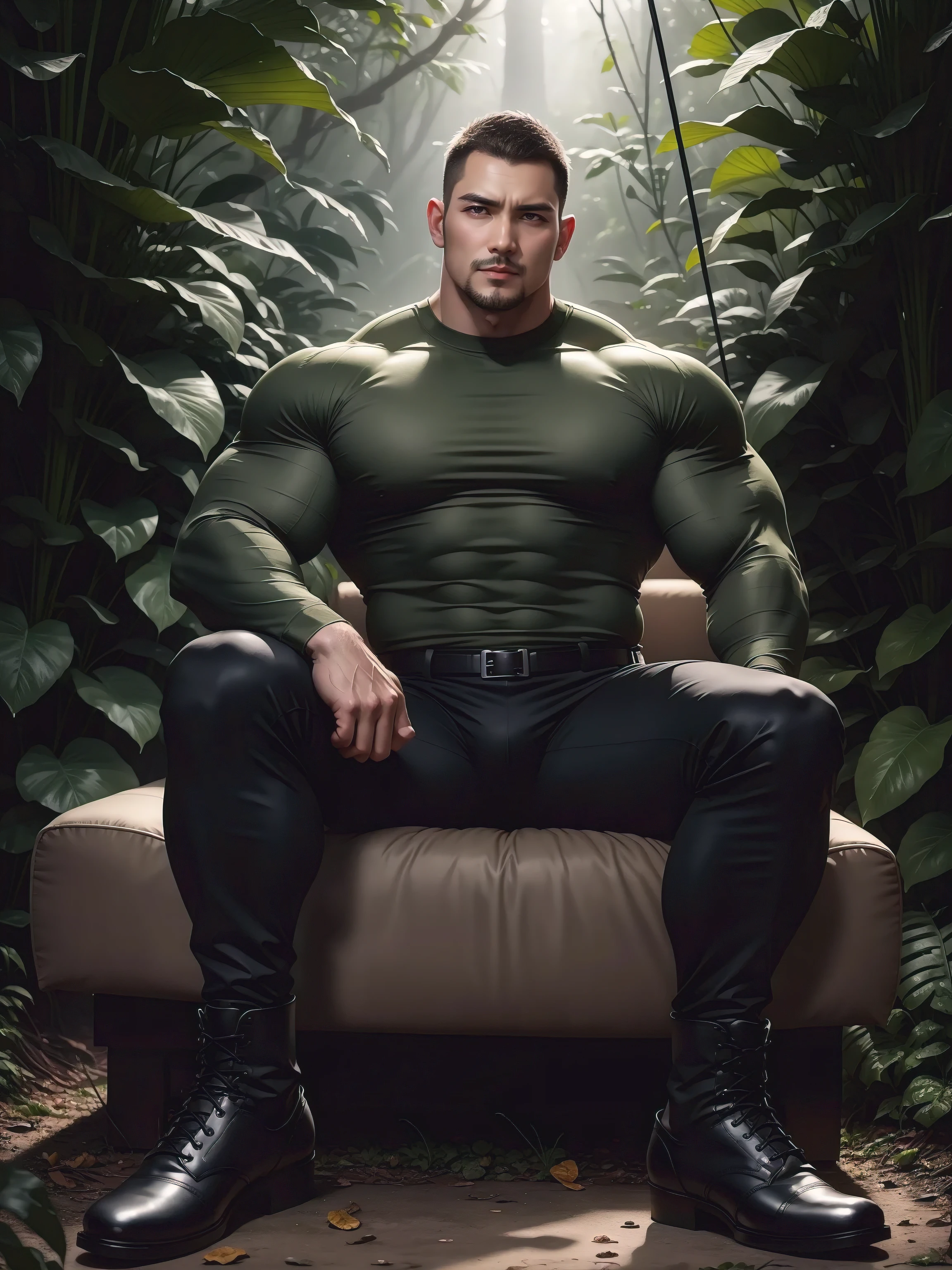 Frowning sad tall giant muscular man sitting in the forest,Dark gray high collar tight long sleeve camouflage T-shirt,character design(Resident Evil - Chris Redfield,Chris Redfield)His hairstyle is a crew cut,Wearing dark gray tight-fitting camouflage military uniform,Matte texture,Soft and comfortable sofa,Sitting in the eerie sugar cane jungle, The body is wrapped in thick rattan,expression sad,Deep and charming eyes,The hero with emerald pupils,heroic masculine pose,Tall and burly,musculous!Charming leg muscles,tall, Burly, and strong, Wearing dark gray camouflage military uniform, Super gain and cool, commission for high resolution,Big feet wearing black cotton socks,Charming strong man,Bright sunlight shines on the body,Matte particles with shiny texture