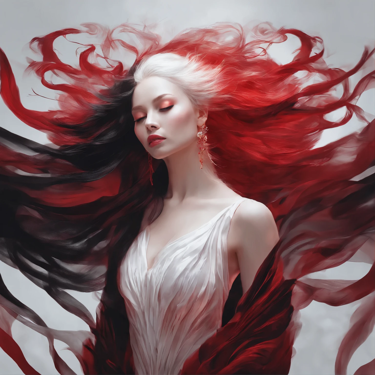 (best quality, highres, masterpiece:1.2), detailed black-and-red aesthetics, elegant female portrait, woman with white hair, sophisticated pose, intense gaze, delicate facial features, graceful neck, flowing white dress, contrasting black background, professional studio lighting, vivid colors, soft and warm color palette.