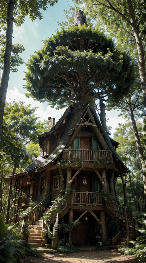 Craft a whimsical scene featuring a wizard's treehouse nestled in the enchanted forest canopy. Emphasize the earthy greens, vibrant magical accents, and the interwoven branches and leaves forming a living, magical roof.