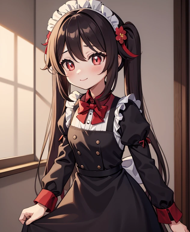 best quality, masterpiece, highres, solo, {hu_tao_genshin:1.15}, brown_hair, long_hair, red_eyes, symbol-shaped_pupils, twintails, bangs, flower, flower-shaped_pupils, smile, blush, hair_between_eyes, breasts, very_long_hair, black_nails, hair_ornament, plum_blossoms, hair_flower, 1girl, apron, frills, looking_at_viewer, maid, maid_apron, maid_headdress, alternate_costume, bowtie, enmaided, black_dress, bow, dress, bug, long_sleeves, sidelockackground